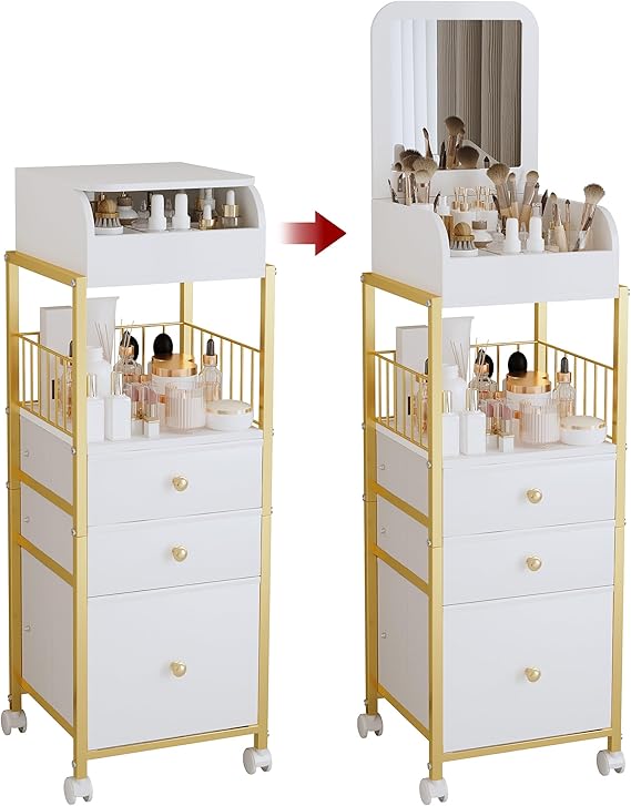 Makeup Cart Organizer with Mirror, Large Floor Skincare Organizers Make Up Organizers-Vanity Storage Organizer Cosmetic Display Cases Holder for Skin Care Perfume Nail Polish Brush Hair Tool (Gold)