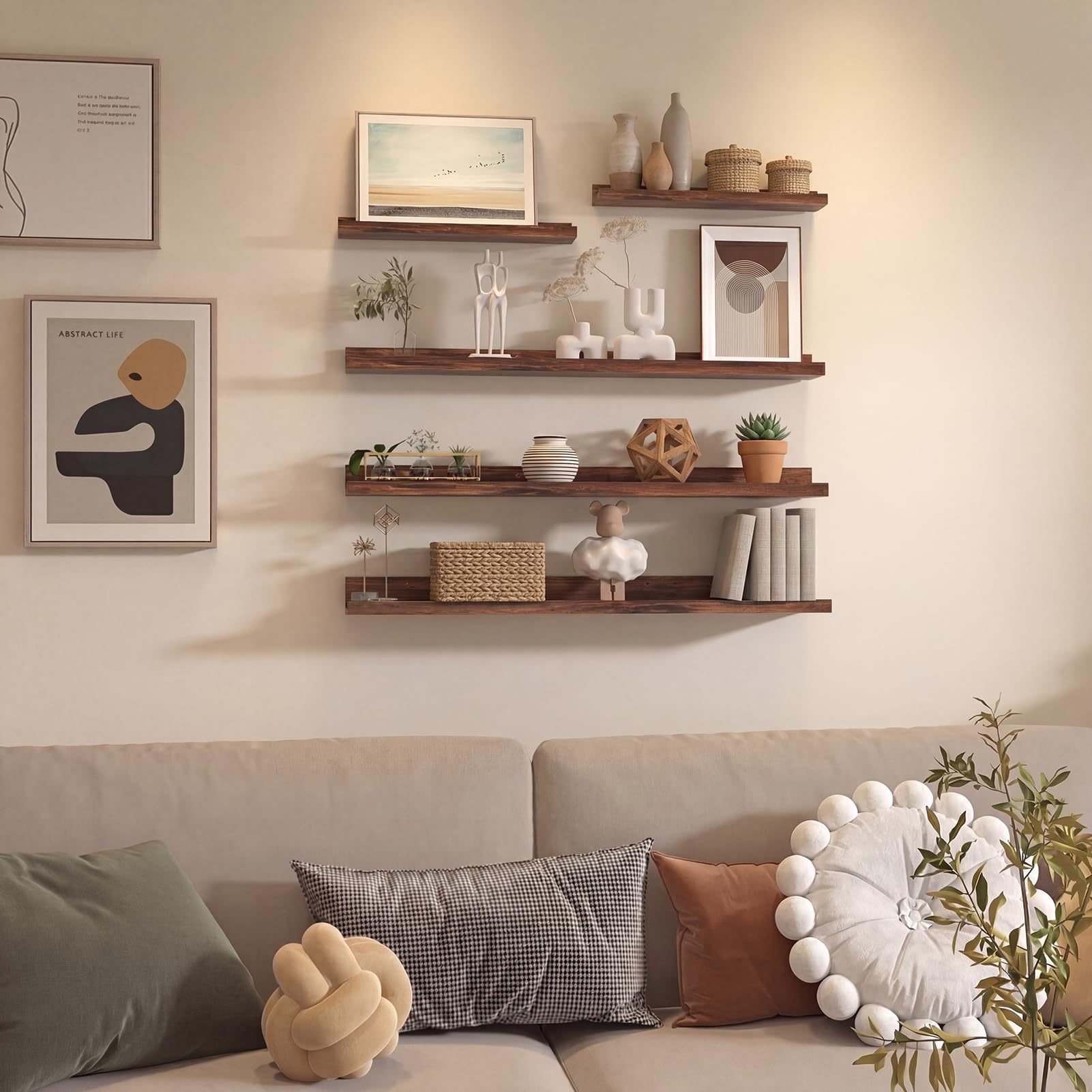 Giftgarden Mensola da Muro in Legno Composito,90 cm Mensola Sospesa Marrone per Soggiorno,Cucina,Camera da Letto o Ufficio, Set di 5 con Diverse Dimensioni