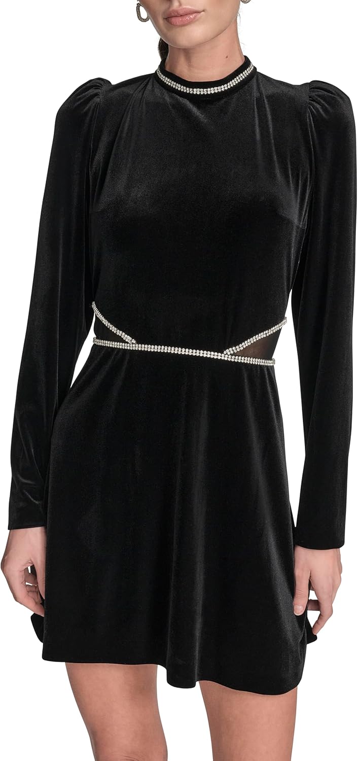 BCBG Womens Long Sleeve Jewel Neck Faux Cutout Velvet Mini Dress