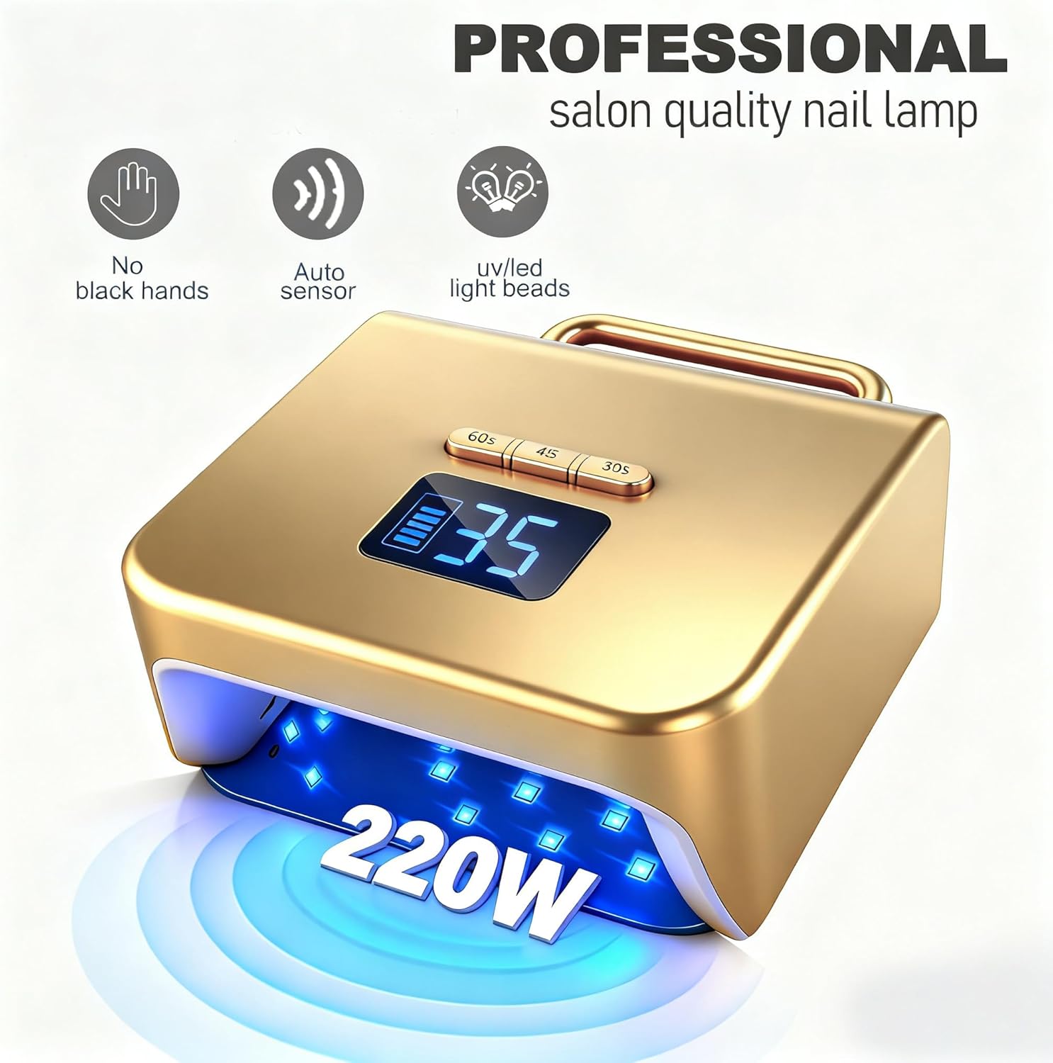 Cordless UV Nail Lamp 220W, Professional LED Nail Lamp with 48 Beads & Touch Display, Rechargeable UV Light for Gel Nails Built-in 3-Timer Modes & Auto Sensor, Fast Curing Nail Dryer (Gold)