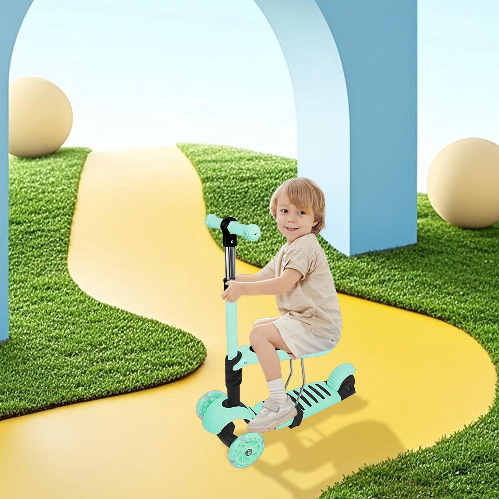 Patinete Scooter para niños con asiento extraíble, altura ajustable 2-8 años, rueda flash de PU, + caña telescópica