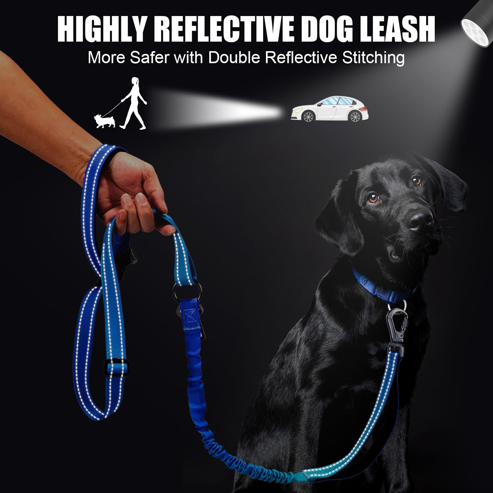 Correa de perro resistente manos libres, cinturón reflectante ajustable de 5 a 7 pies con asas acolchadas, elástico que absorbe los golpes y cinturón de seguridad para perros grandes y medianos