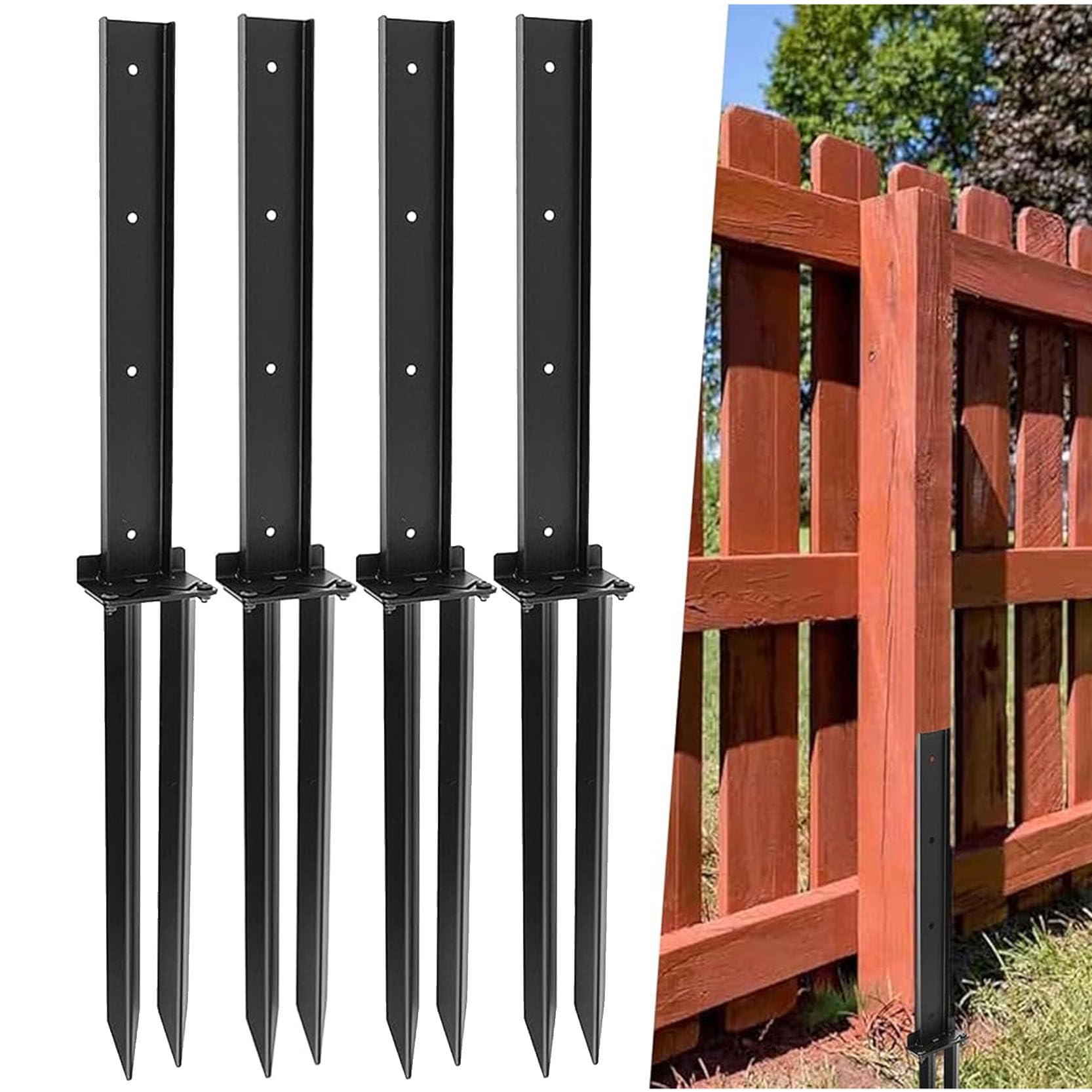 LQSYBHD Fence Post Repair Spike Black Heavy Duty Fence Post Anchor Ground Stakes Fence Post Anchor Ground Spike for Fencing for Repairing Tilted Broken Wood Support (Size:4pcs)