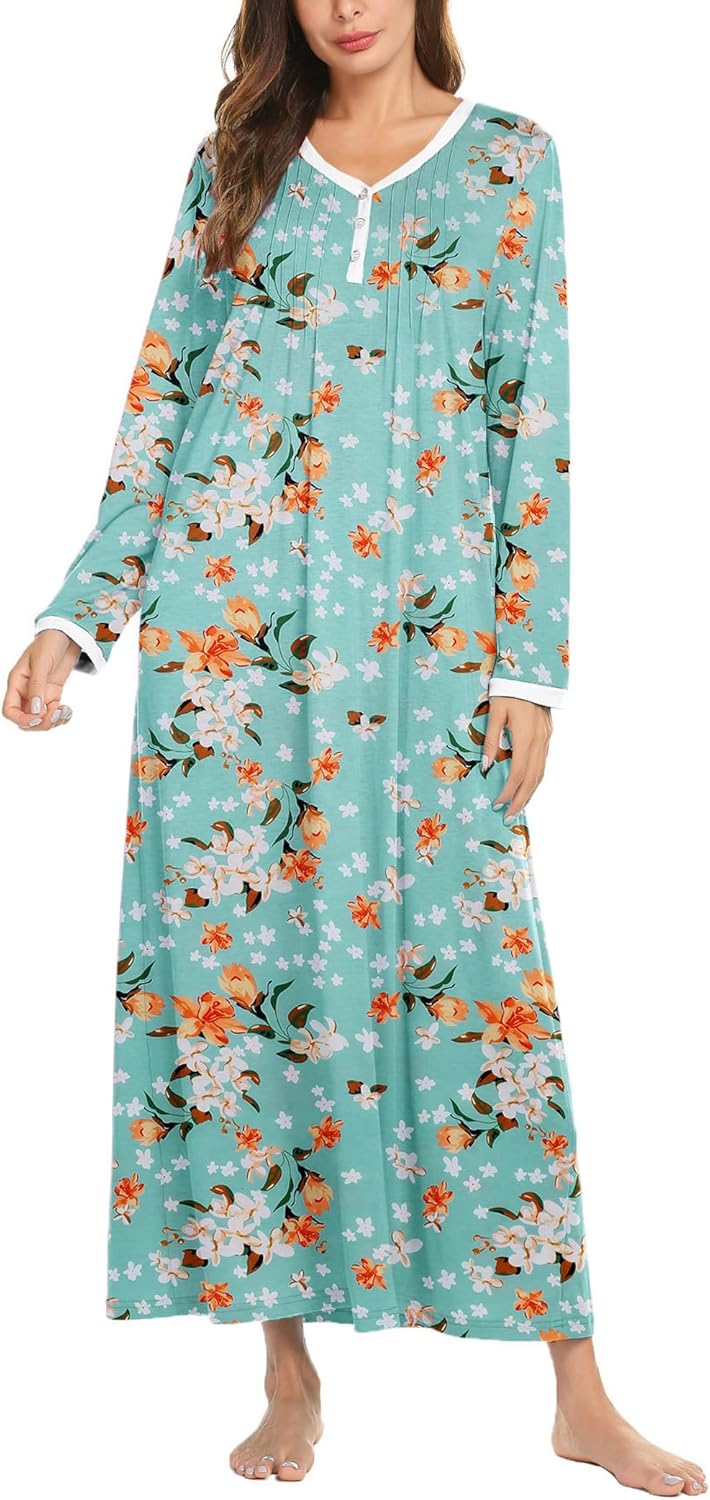 Ekouaer Women’s Long Sleeve Nightgown Full Length Sleepwear Long Sleepshirts Henley Sleep Dress S-4XL Green Flower