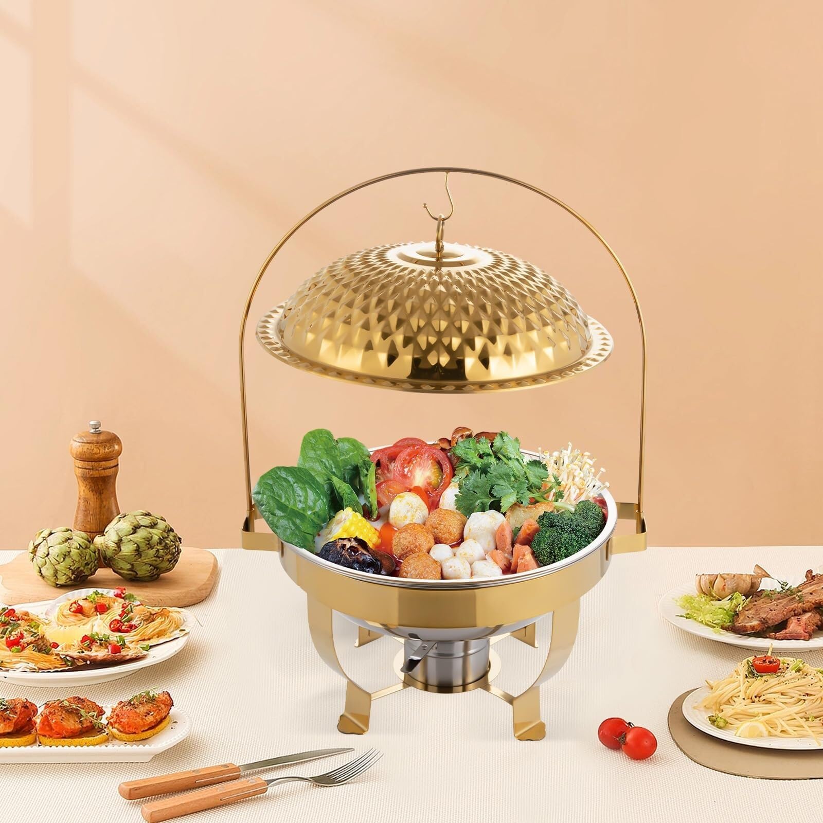 Scaldavivande for Buffet Set da 4 in Acciaio Inossidabile Cucina a buffet | Stufa da pranzo rotonda con coperchio sospeso in oro Chafer a buffet(8.5QT)