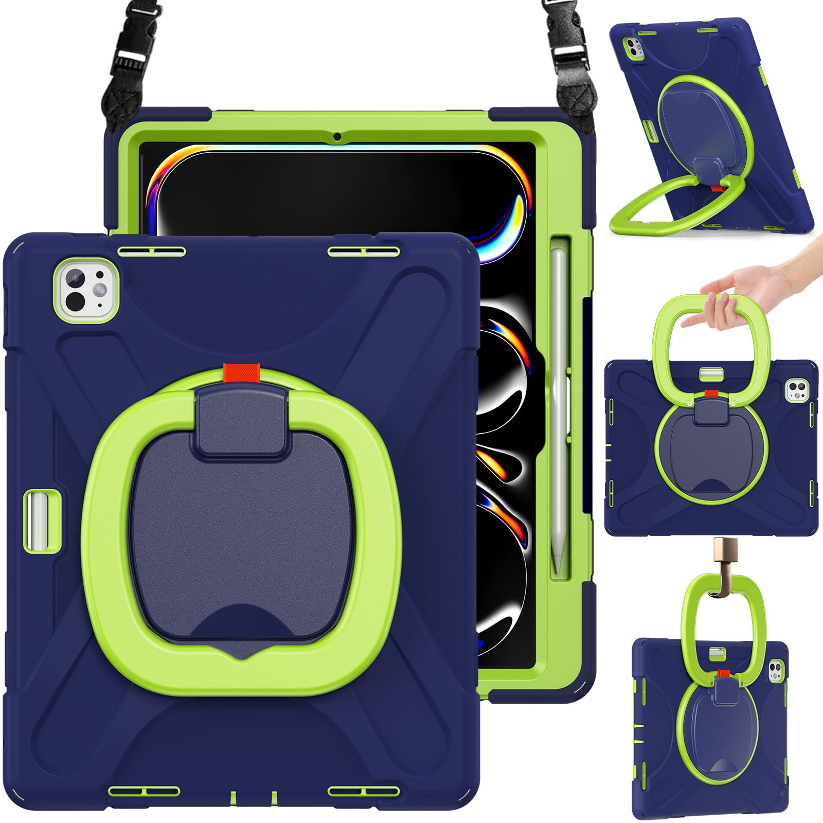 BRAECN for iPad Pro 13 Inch Case (M5/M4) 2025/2024, Shockproof Rugged Silicone Cover with 360°Rotating Handle Grip, Shoulder Strap, Pencil Holder &