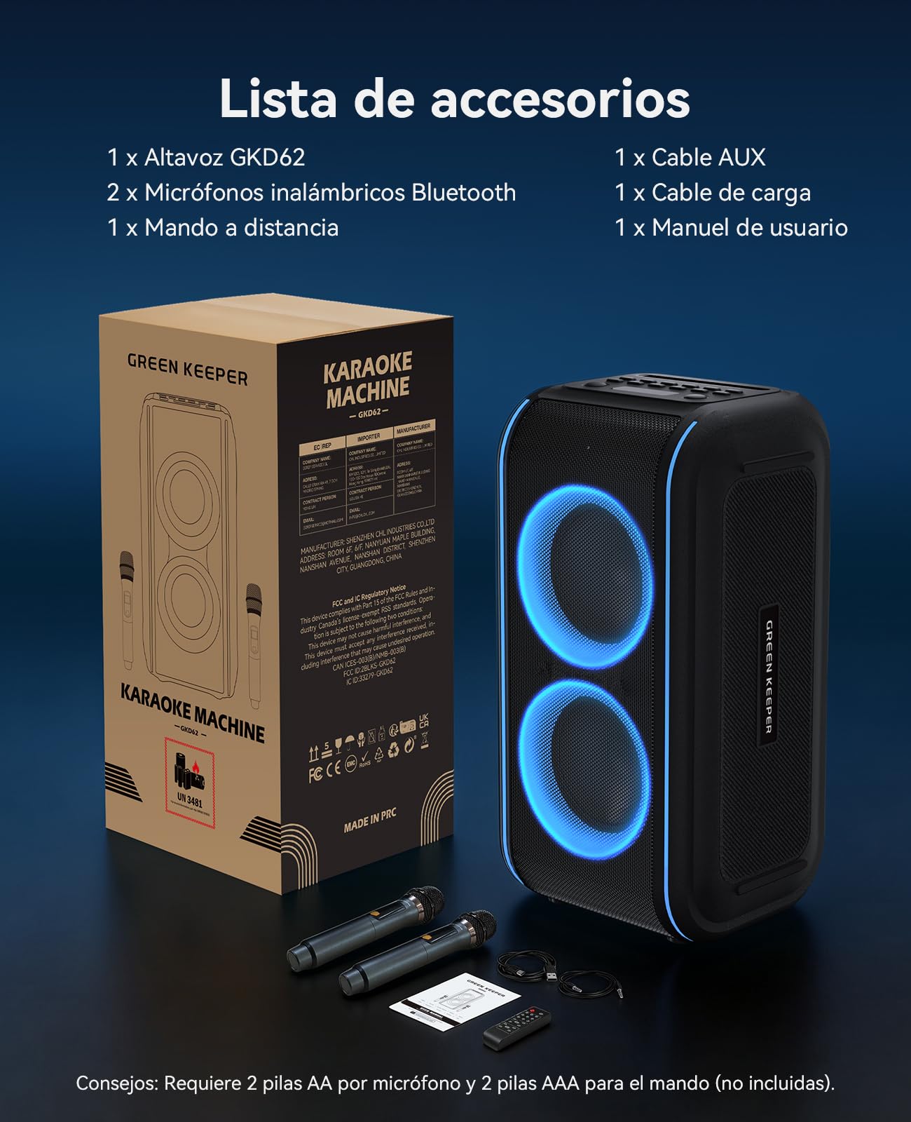 GREEN KEEPER GKD62 Máquina Karaoke, Altavoz Bluetooth 400W con 2 Micrófonos