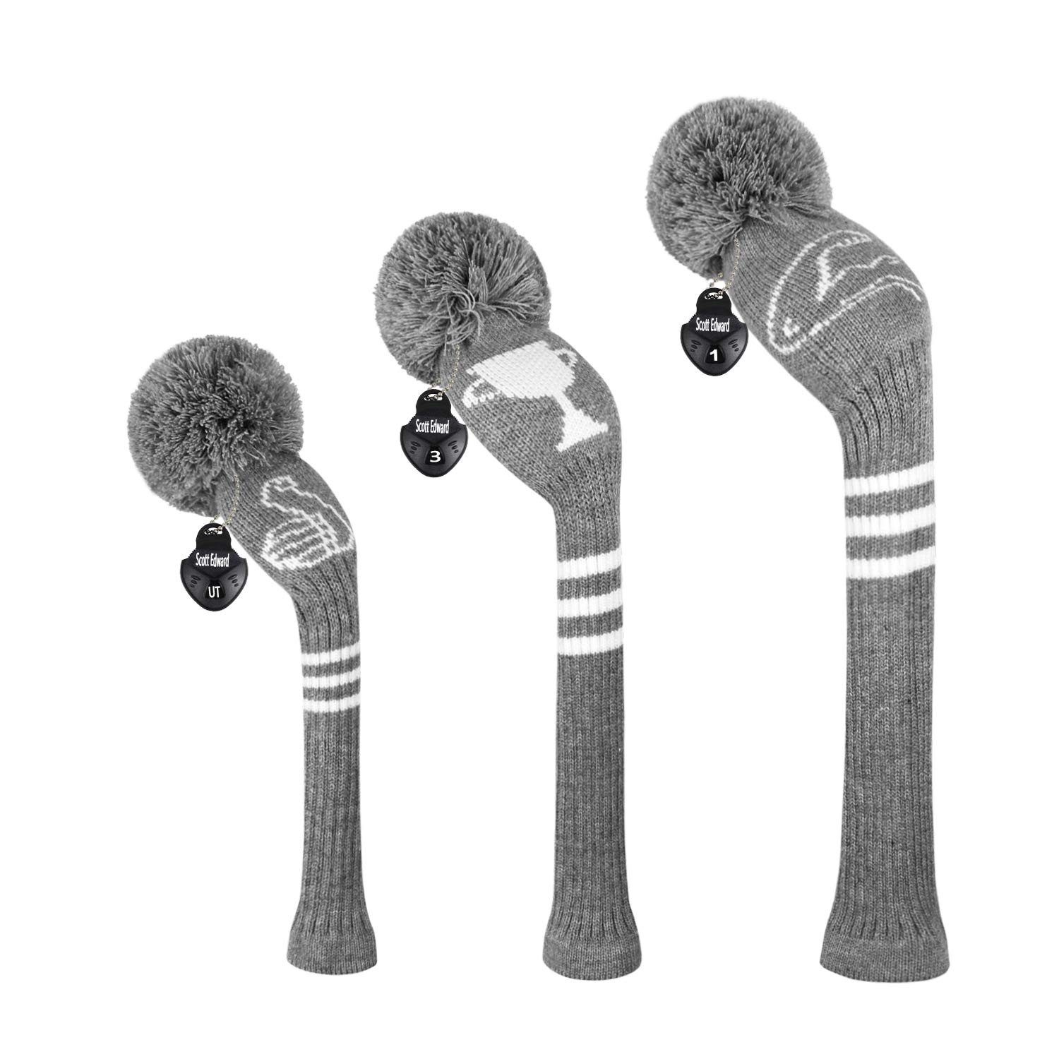 Scott EdwardKnitted Golf Club Head Covers for Woods 3Pcs Set Golf Driver (460CC) Fairways and Hybrid/UT with Rotating Number Tags