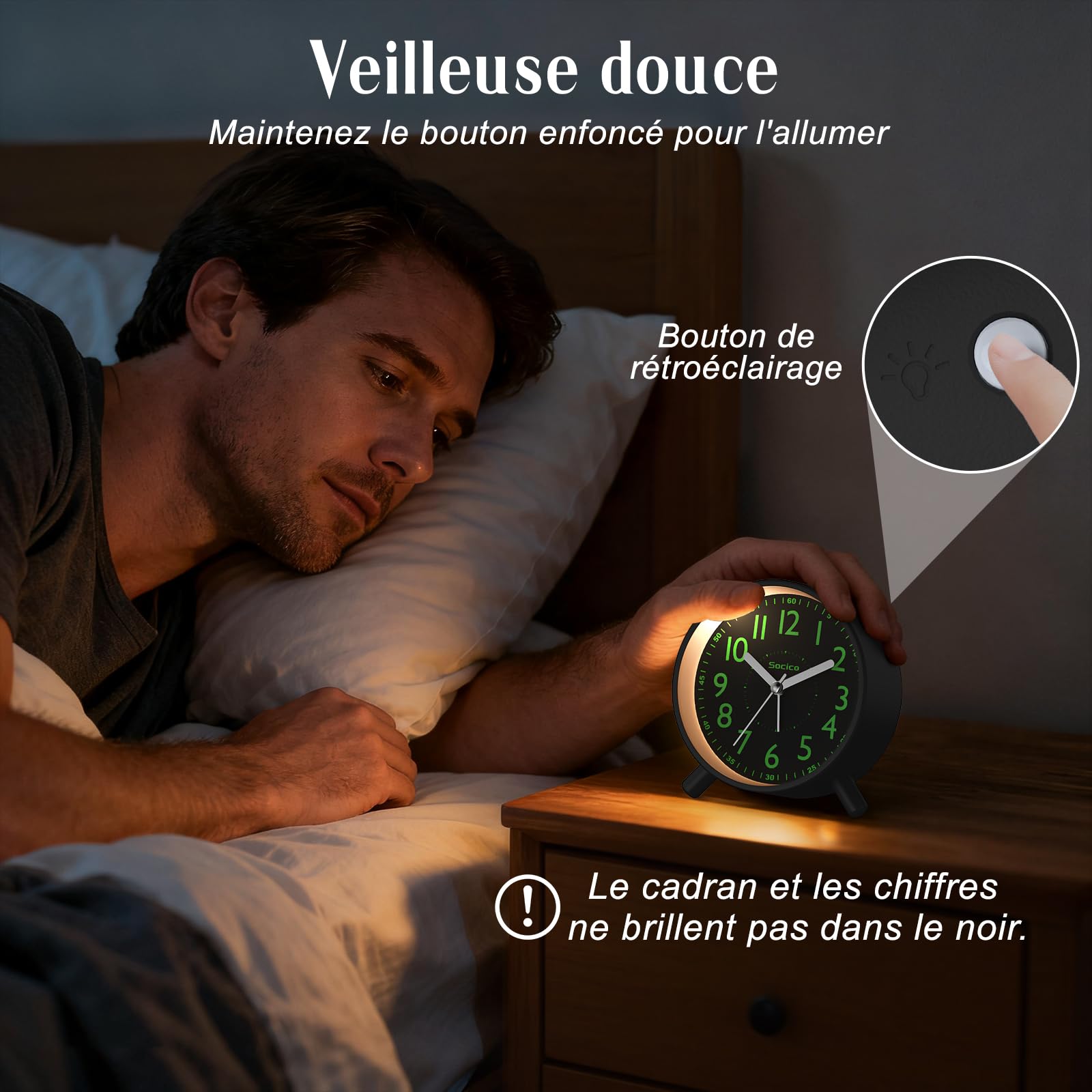 SOCICO Réveil Analogique Horloge de Chevet Rétro Ronde Métal Piles Veilleuse Fonction Snooze Noir