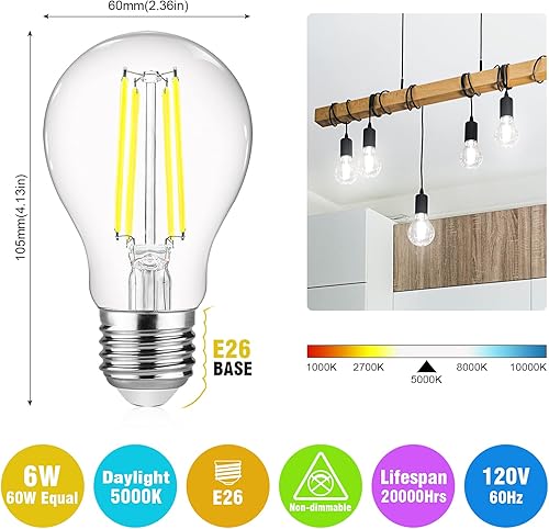 Miniatura 2 de Ascher - Bombillas de filamento LED E26, equivalentes a 60 W, luz de día de 5,000 K, no regulables, vidrio transparente clásico, bombillas LED A19