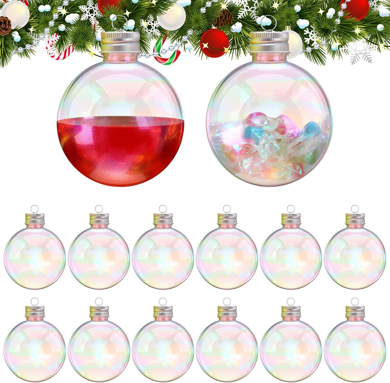 Christmas Drink Booze Balls Drinking Ornament Iridescent Fillable Drinks Christmas Tree Hanging Booze Balls Juice Pendant Bottle Bulbs for Party Decoration (24 Pcs,250 ml)