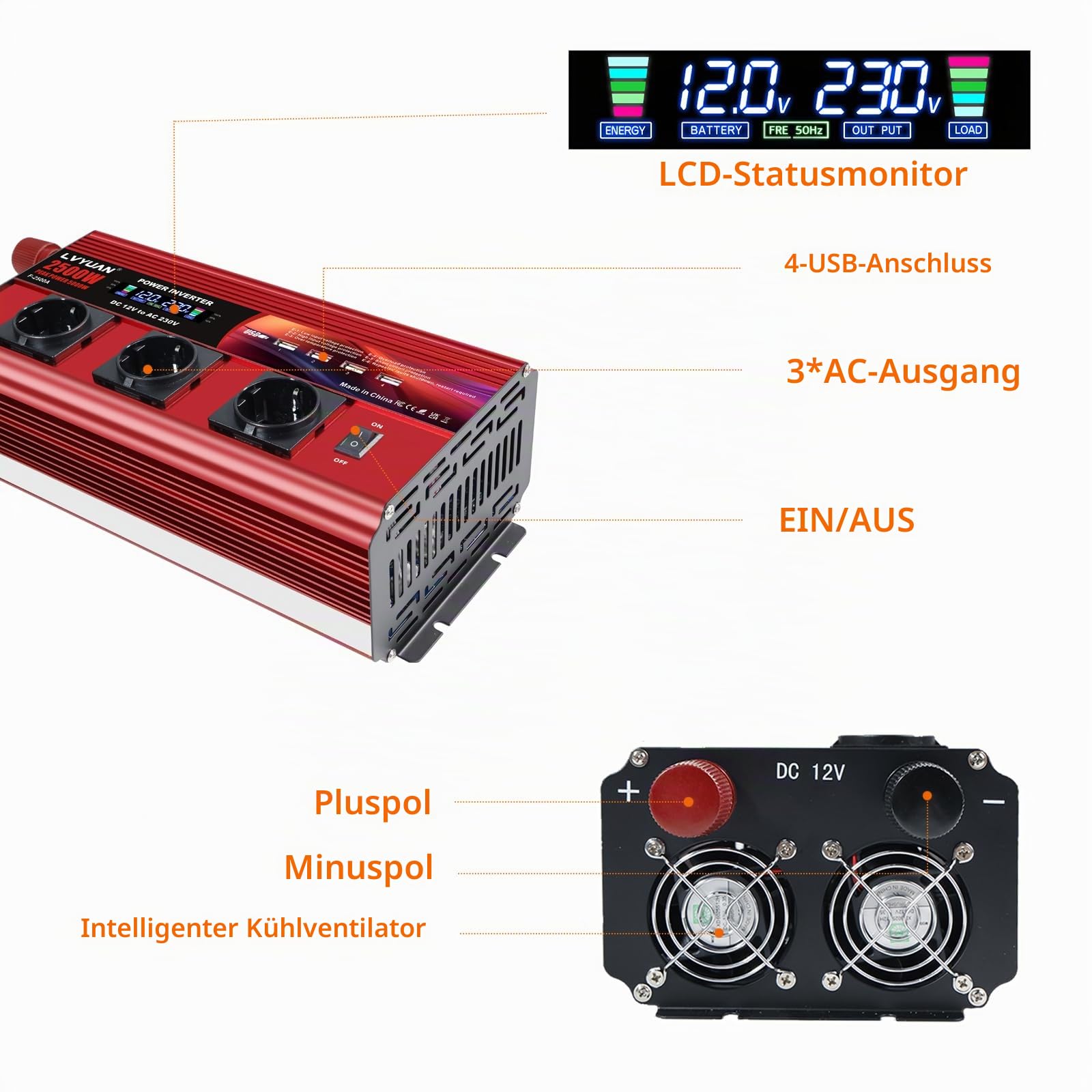 LVYUAN 2500W/5000W Wechselrichter DC 12V auf 230V AC Spannungswandler Konverter mit Fernbedienung, LCD, 4 USB Ports, 3 AC Steckdose für Outdoor, Notstromausfall