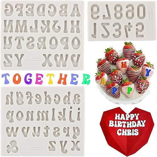 Miniatura 1 de MINFEIDMS Moldes de letras cubiertas de chocolate, fresas de silicona en mayúsculas y minúsculas con números alfabéticos para decoración de