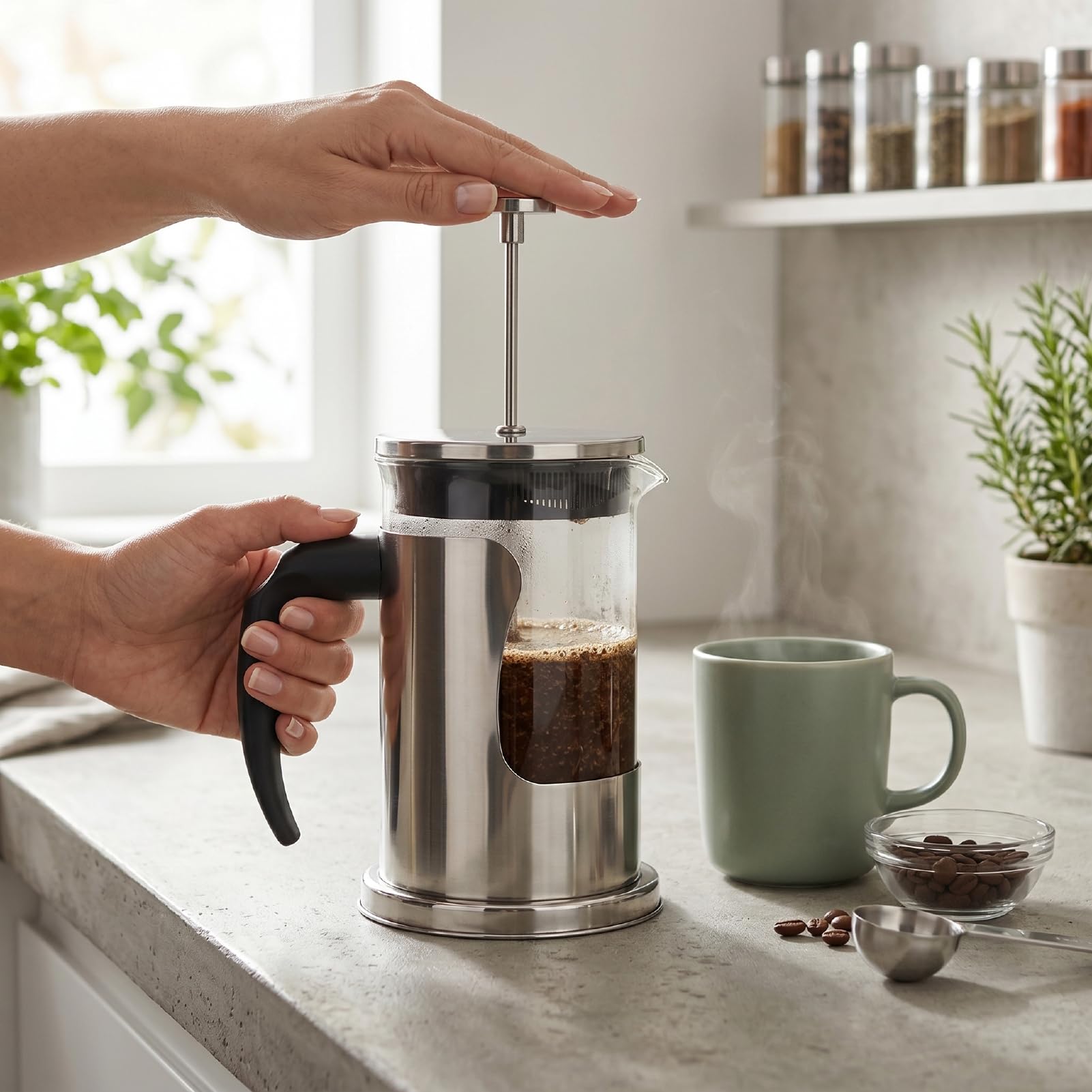 Cryfokt Cafetière à Presse Française, Acier Inoxydable 304 et Verre à Haute Teneur en Borosilicate avec Filtre entrelacé de 80 Mailles pour la Maison, les Voyages, le Camping ou le Bureau (SILVER