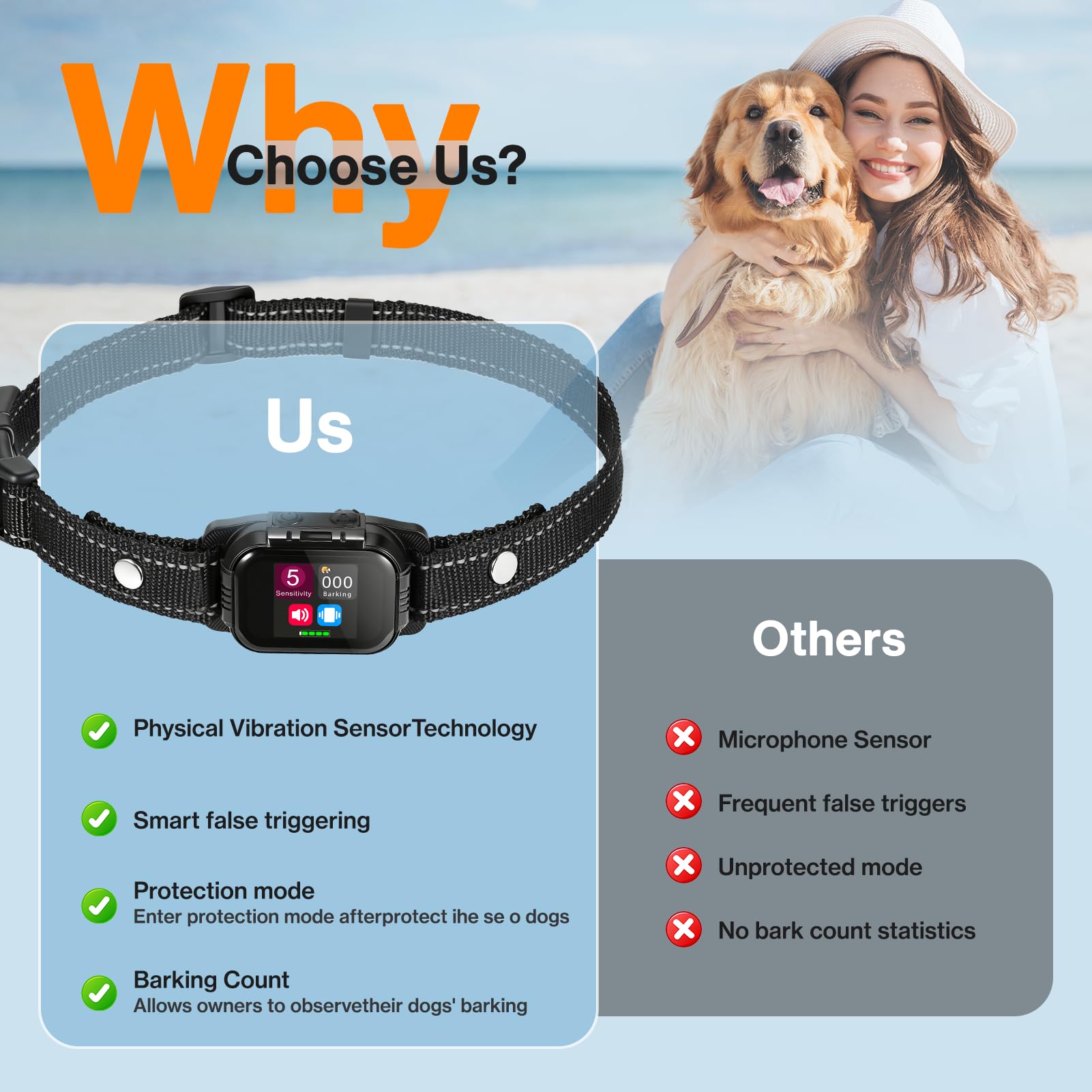 Collar Antiladridos Perros Grande Mediano Pequeño, Actualizado Collar Antiladridos para Perros con Giroscopio, 8 Niveles de Sensibilidad, 3 Modos de Eficiente Impermeable IP67 y Recargable