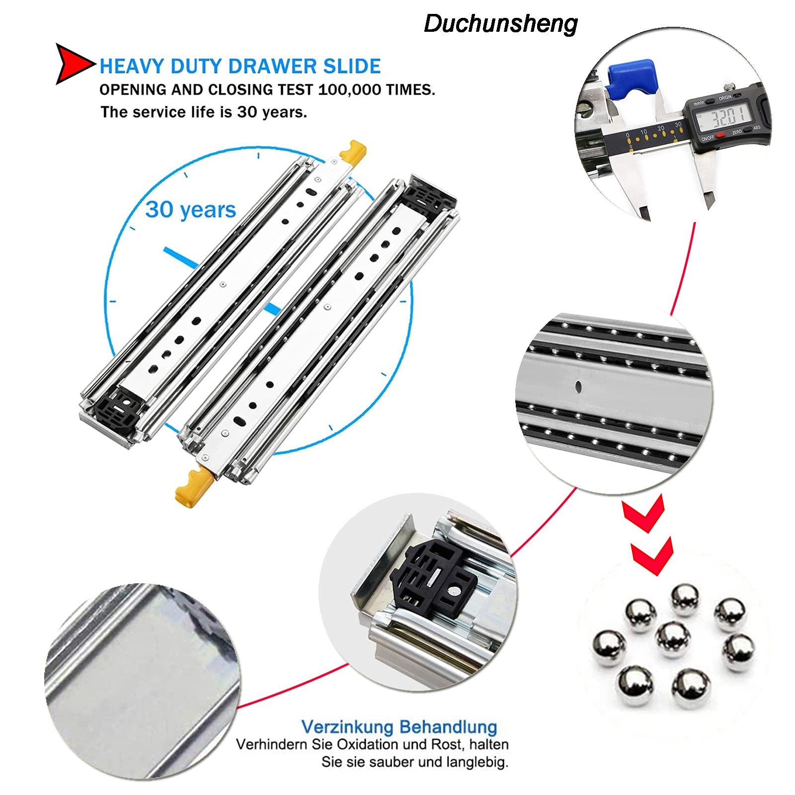 Rail Coulissant Tiroir Charge Lourde 35 55 85 120 140 Cm Glissières De Tiroir En Métal Extension Totale (Capacité 220 Kg) - 1 Paire/avec Serrure/Montées Sur Le Côté - Coulisses À Billes