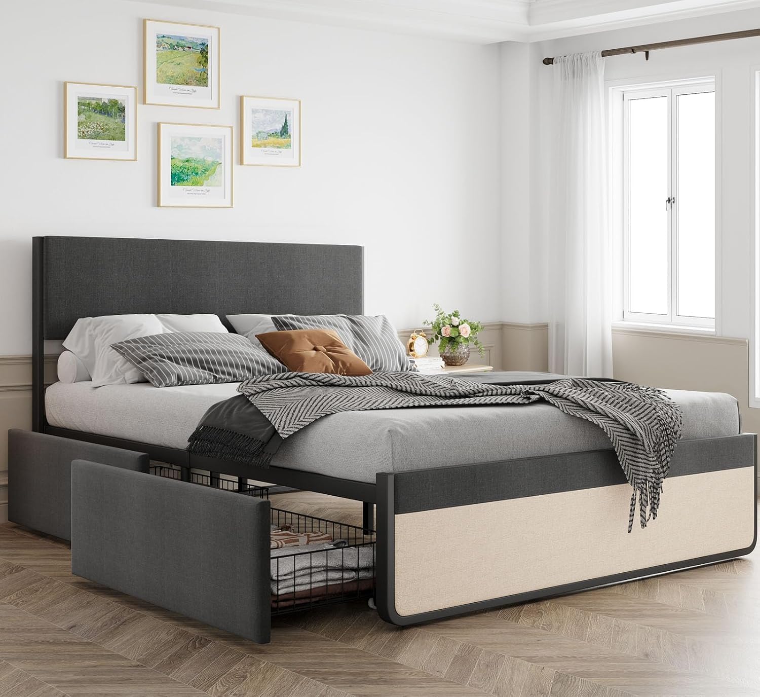 IDEALHOUSE Full Bed Frame with Storage Drawers, Upholstered Platform Bed Frame with Metal Slats Support, Under Bed Storage Mattress Foundation, No Box