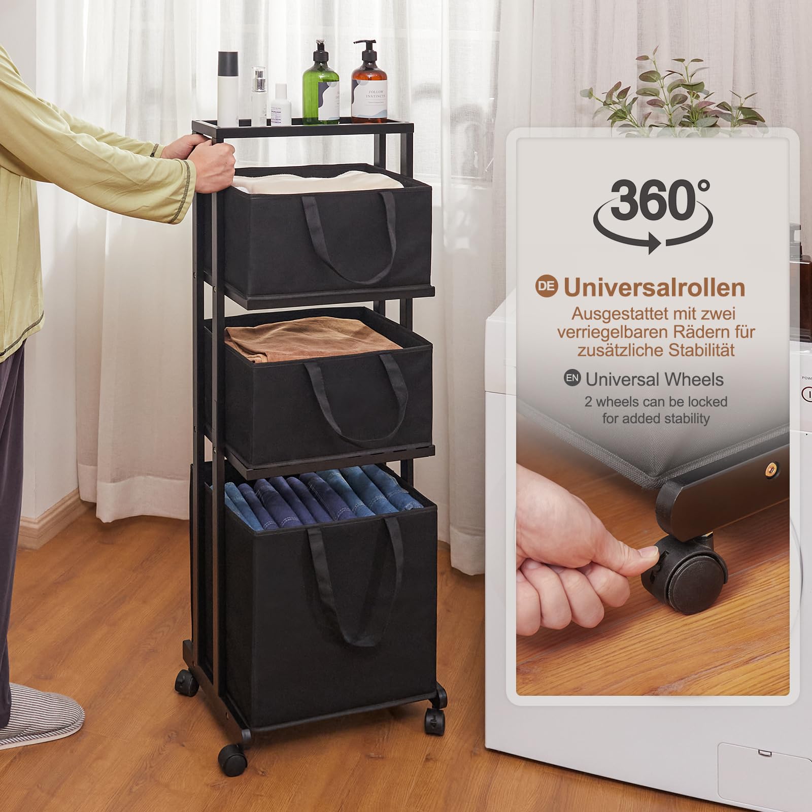 Yorbay Cestos para la Colada，Estantería de Baño en Bambú con Ruedas, 121x42x34cm, Para Ropa Sucia, Armario con Cesta para Organización de Colada (Negro)