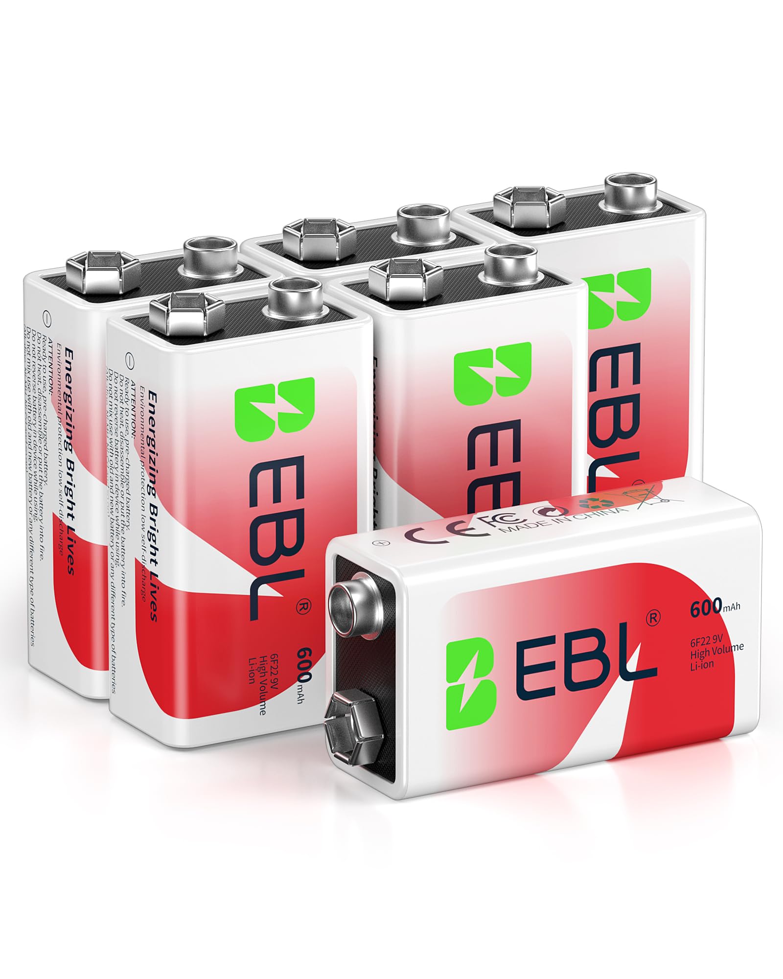 EBL 9 Volt Batteries 600mAh Li-ion Rechargeable 9V Battery Lithium-ion, 6 Packs