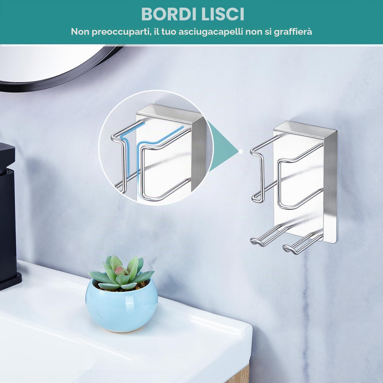 GGQ Supporto per asciugacapelli e piastra, porta phon senza foratura, porta phon da muro, contenitore per piastra e asciugacapelli, appendi phon bagno autoadesivo (Argento)