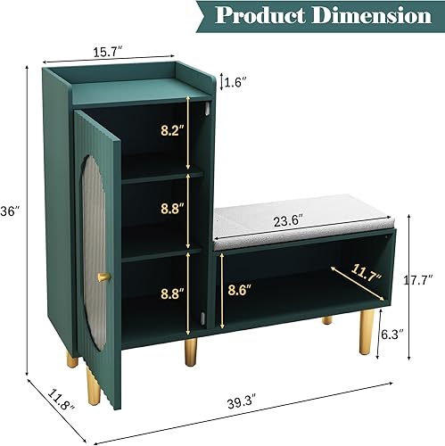 Miniatura 2 de HLR Banco de almacenamiento con puerta y estante de cristal, moderno banco de zapatos de entrada con asiento acolchado, armario de almacenamiento en