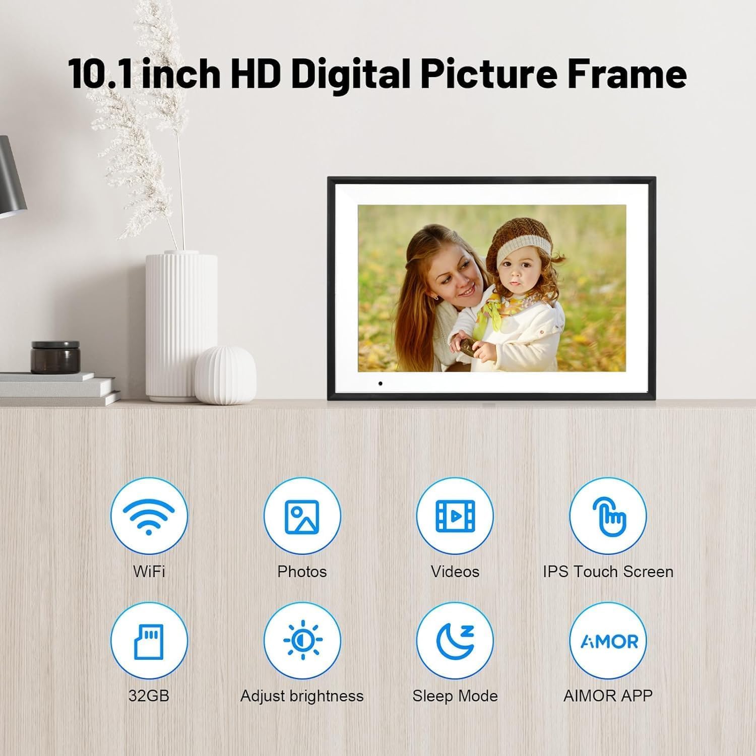 FUNCARE Cadre Photo Numérique WiFi 10,1 Pouces, Mémoire 32 Go, Écran Tactile HD 1280x800 IPS, Partage de Photos Vidéos Via APP, Rotation Automatique, Support Multilingue
