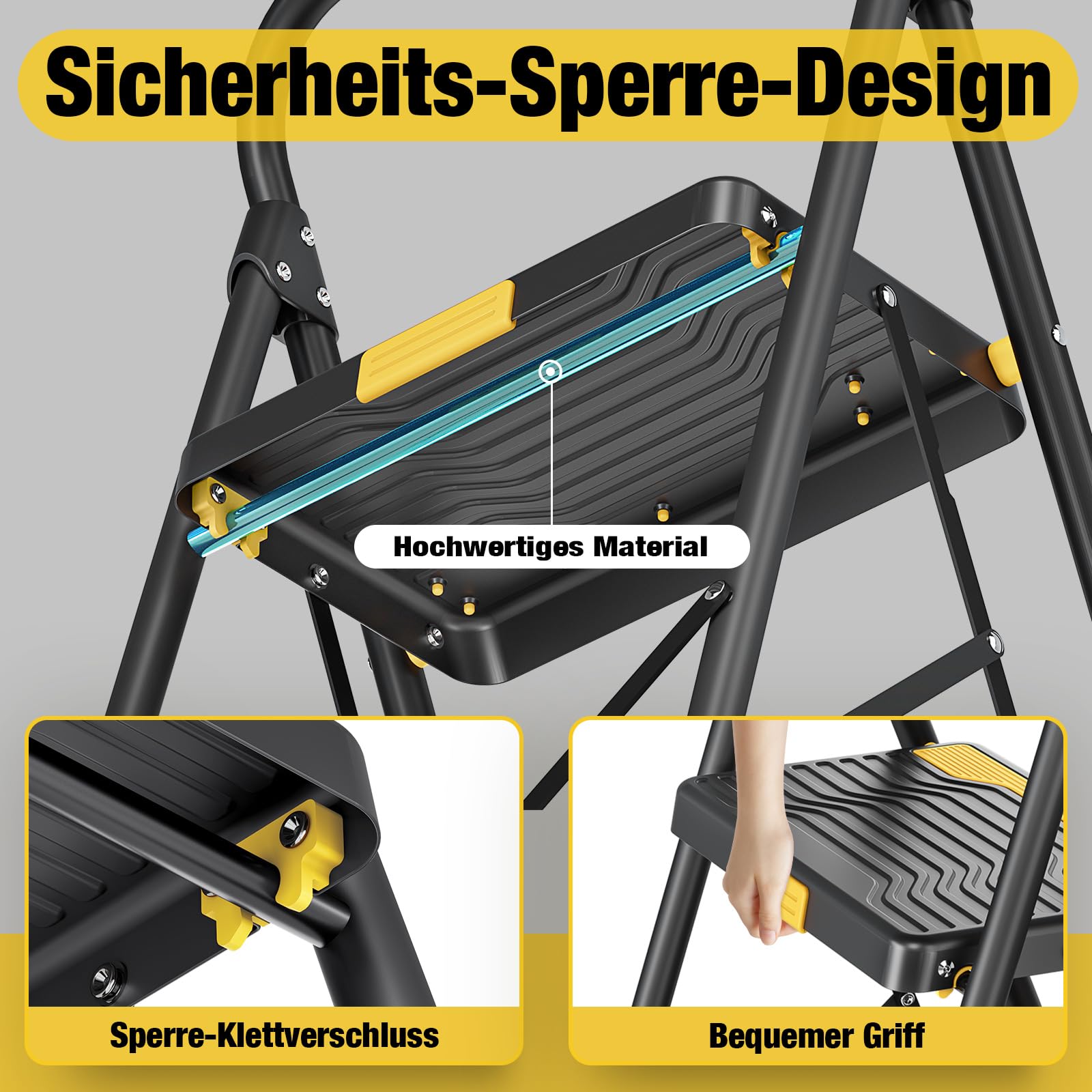 Urackify Trittleiter 2 Stufen Klappbar Leiter, Hochbelastbar bis 150 kg, Tritt Breite Rutschfeste Stufen, Handlauf, Kompakte Haushaltsleiter Stehleiter für Haushalt Küche, Büro, Vorratskammer, Schwarz