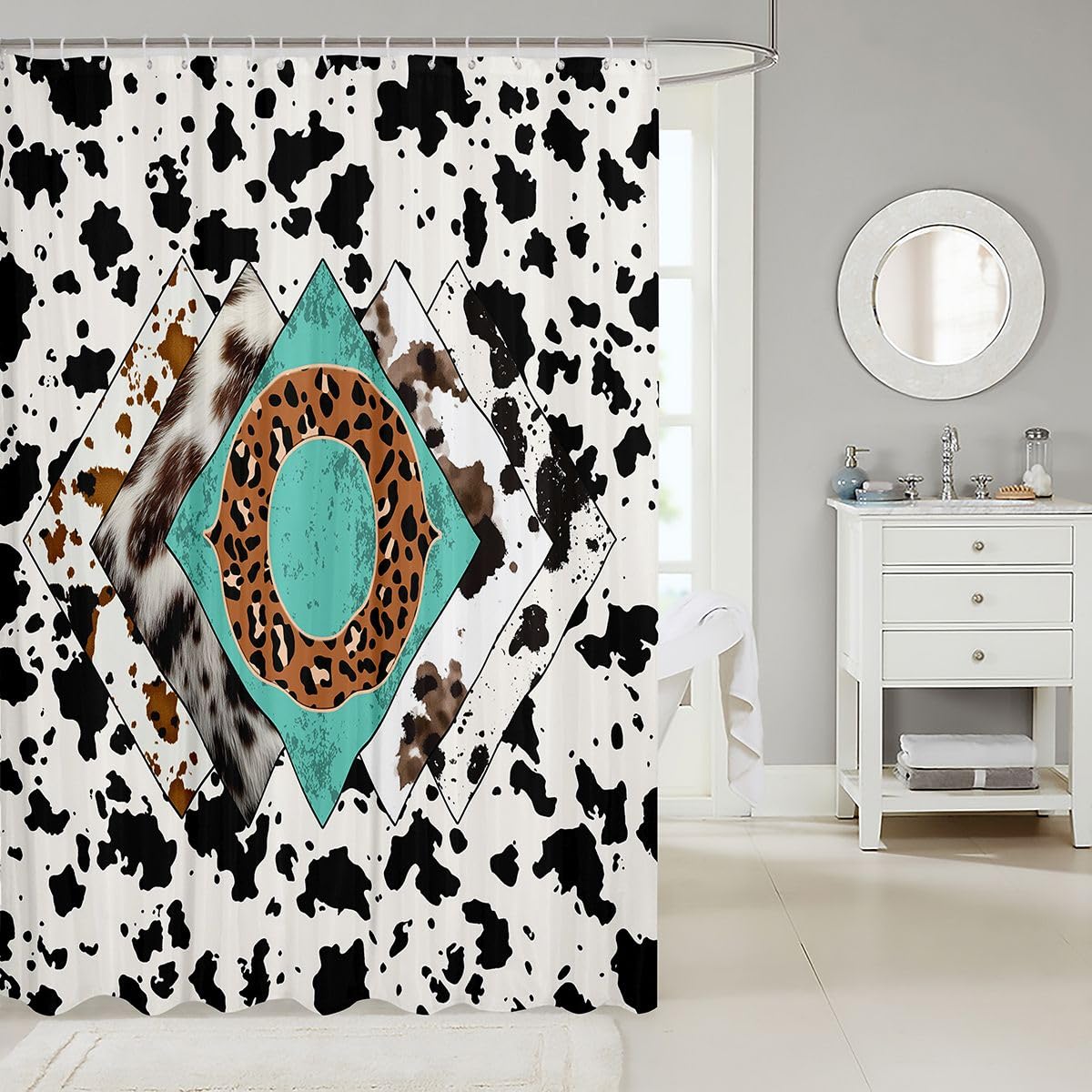 Rideau de douche lettre O taille L léopard monogramme alphabet imprimé cuir de vache rideau de bain pour adultes style rustique rustique rideaux de bain imperméables avec 12 crochets pour baignoire