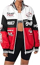 GORGLITTER Women's Y2k Varsity Jacket Racing Bomber Jacket Color Block Zip Up Oversized Letter Graphic Motorcycle Coats