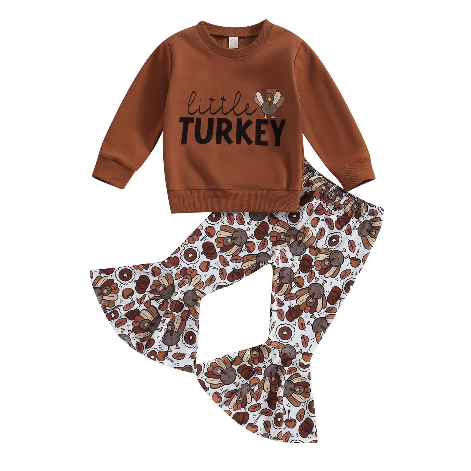 BemeyourBBs Toddler Baby Girl Thanksgiving Outfit Turkey Long Sleeve  Sweatshirt Top with Bell Bottom Pants Set Fall Clothes