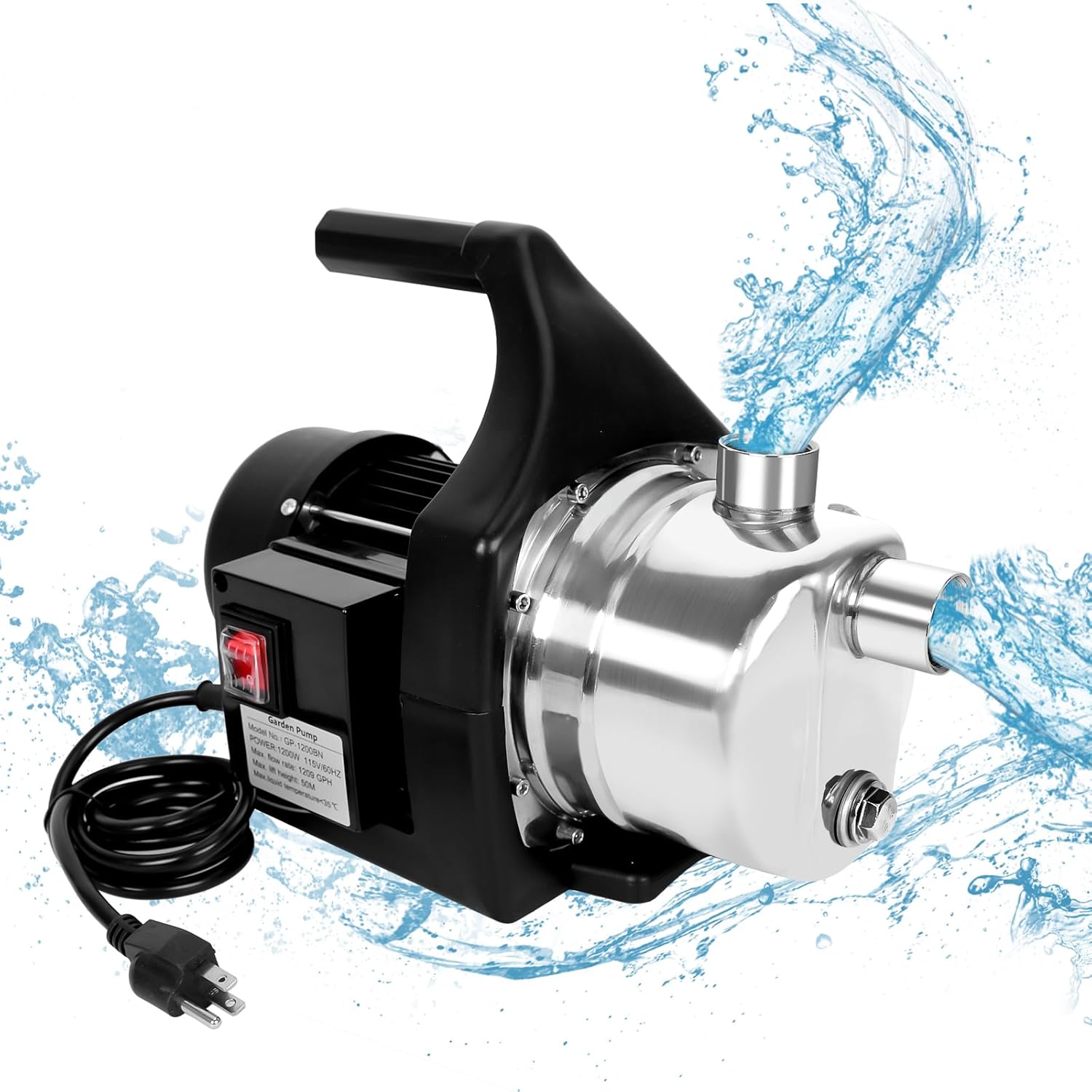 1.2HP Portable Shallow Well Pump Garden Pump, 1209GPH, 115V, Stainless Steel, Sprinkler Pump, Water Transfer Draining Irrigation Pump, for Lawn or Garden