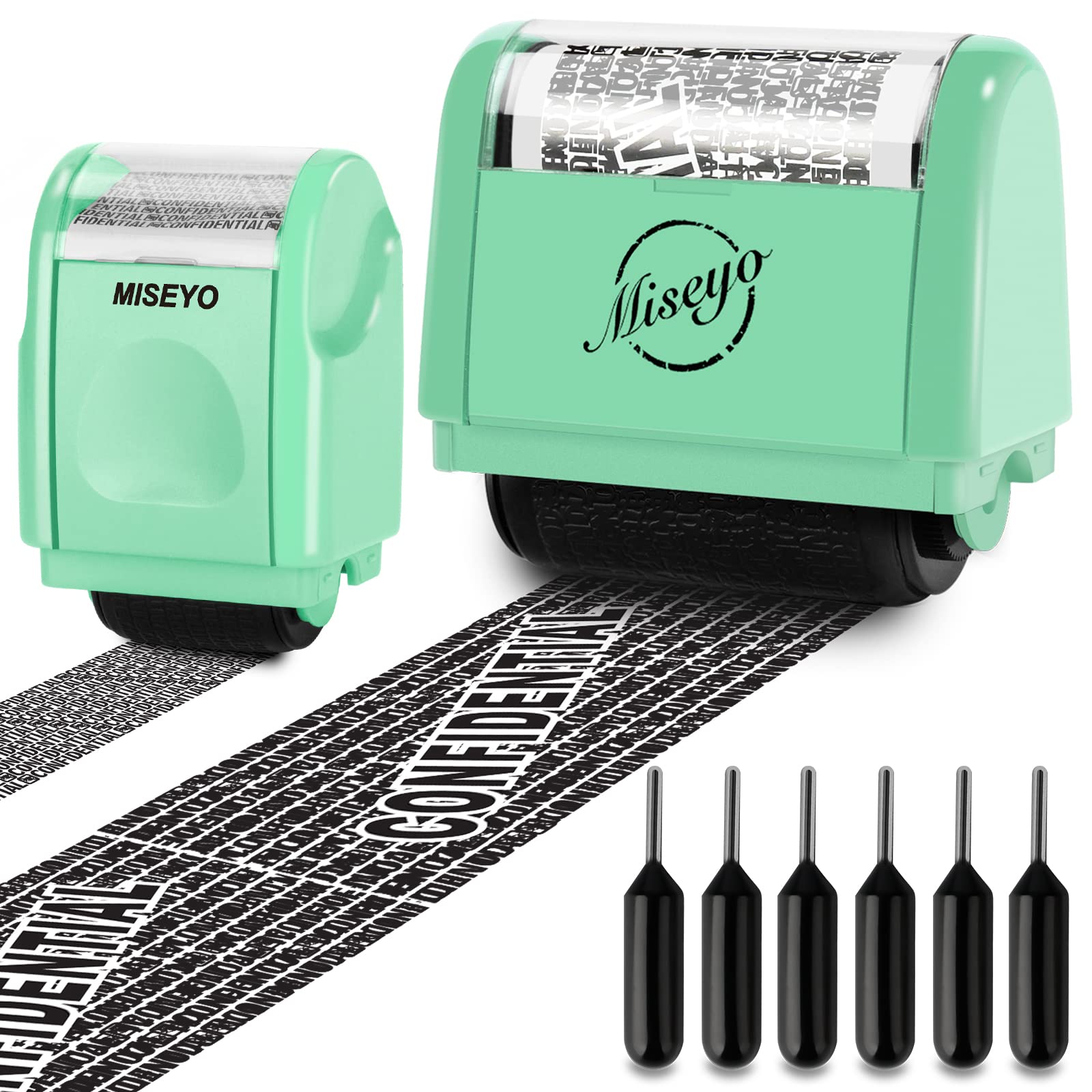 MiseyoWide Identity Theft Protection Roller Stamp with Mini Confidential Roller Stamps Easy for Data Barcode ID Privacy,Guard Personal Information Blockout - Mint Green (6 Refill Ink Included)