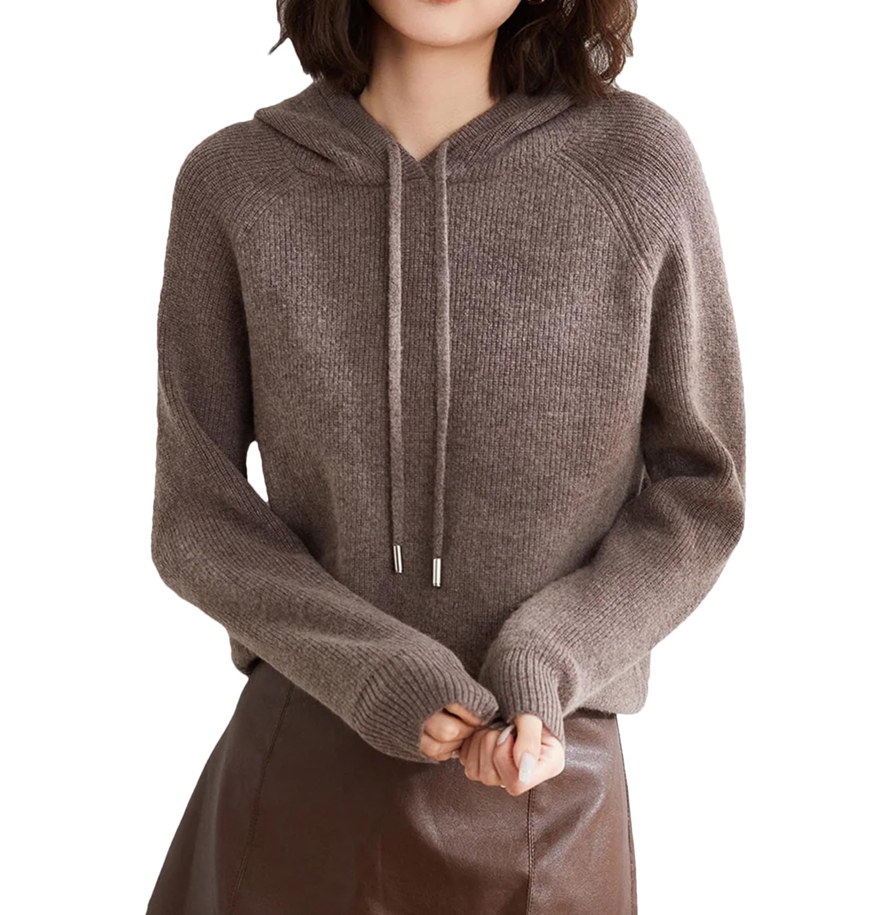 Pullover da donna con cappuccio lavorato a maglia maglione in cashmere primaverile con cappuccio da donna a maniche lunghe in cashmere con cappuccio, Caffè Marrone Grigio, M
