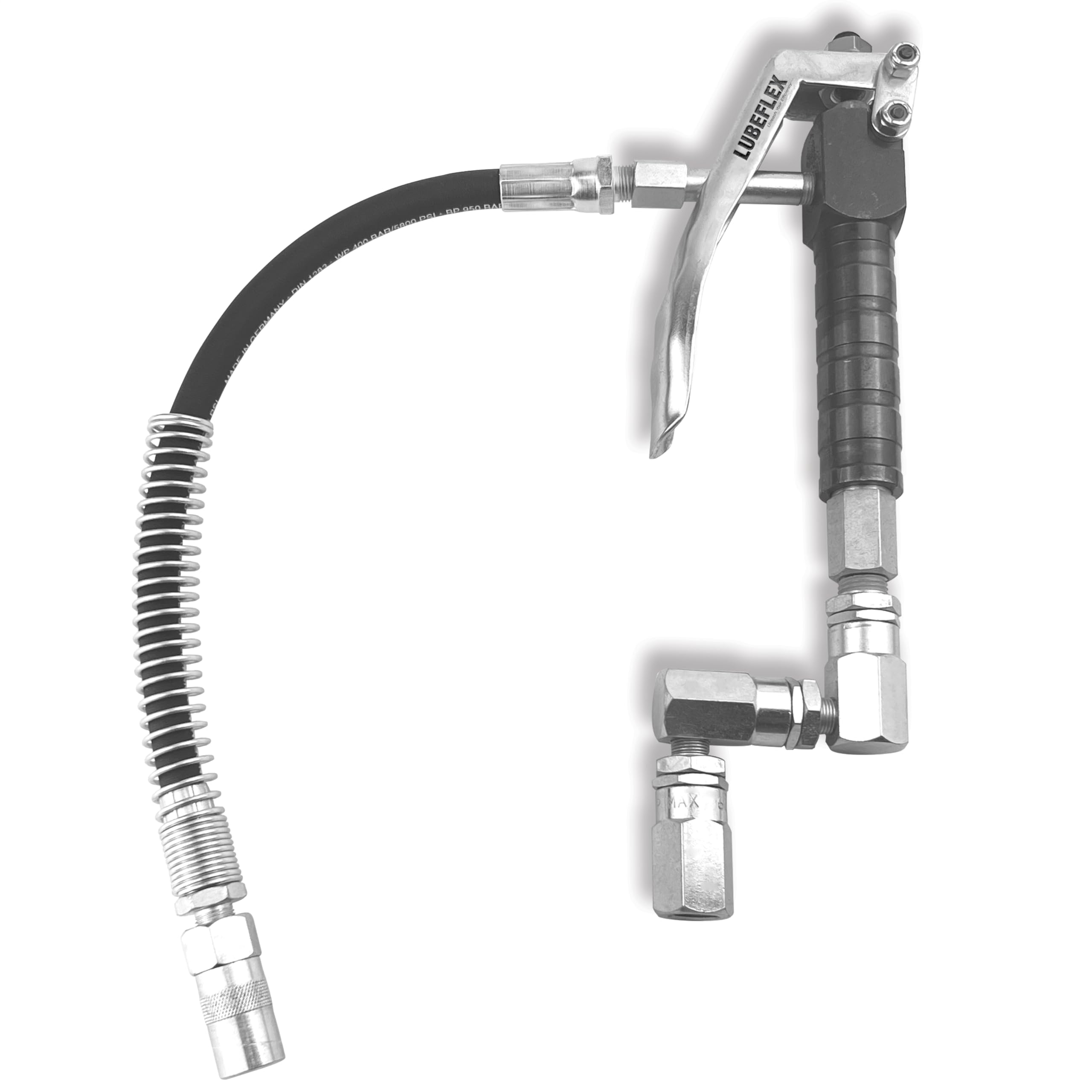 Control Handle Valve - Flex. spout 4 Jaws Coupler for Grease Pump, Heavy Duty High Pressure 7,500 PSI, 1/4 inch NPT(f) Inlet with 360 Degree Z Swivel (12" Flex. Spout with Spring Protector)