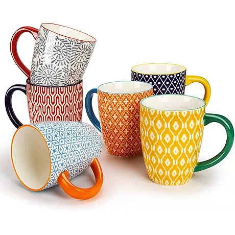 KitchenTour 16oz Ceramic Coffee Cups Colorful Set of 6