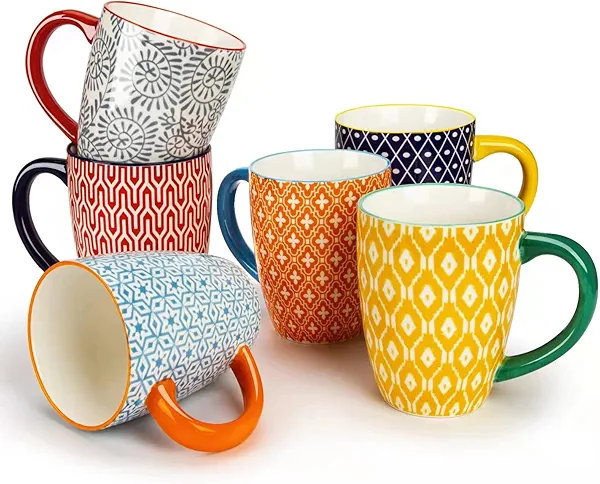 KitchenTour Ceramic Coffee Mug Set of 6 16oz - Coloful Restaurant Mugs 6pack - Cup set for Coffee, Tea, Cappuccino, Cocoa - Bohemia style