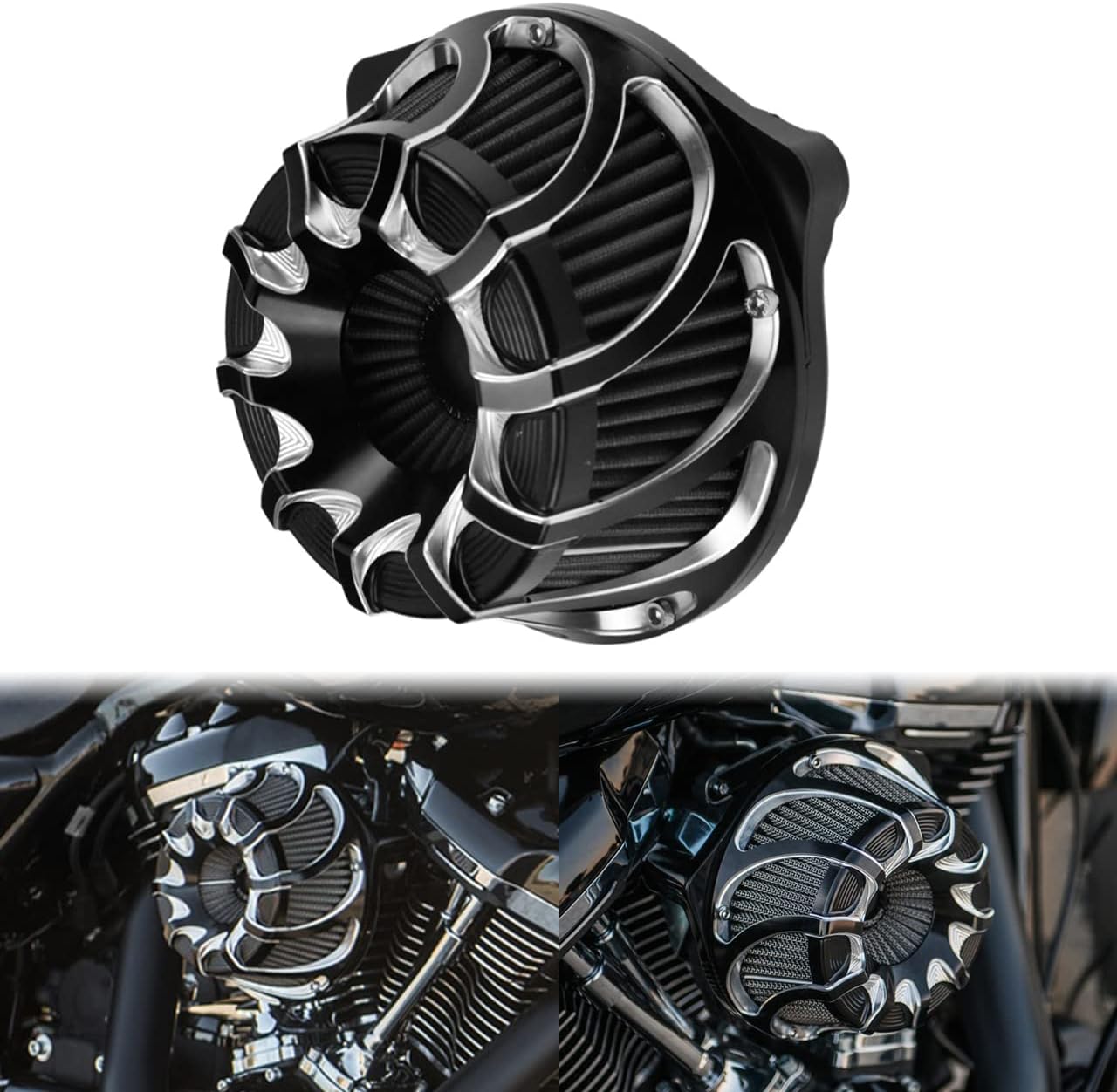 Motorcyle Air Cleaner CNC Air Filter Turbine Intake Kit Fit for Harley Touring Road King Street Glide Softail (Black, D For M8 Touring 17-23 Trike 17-25 Softail 18-24)