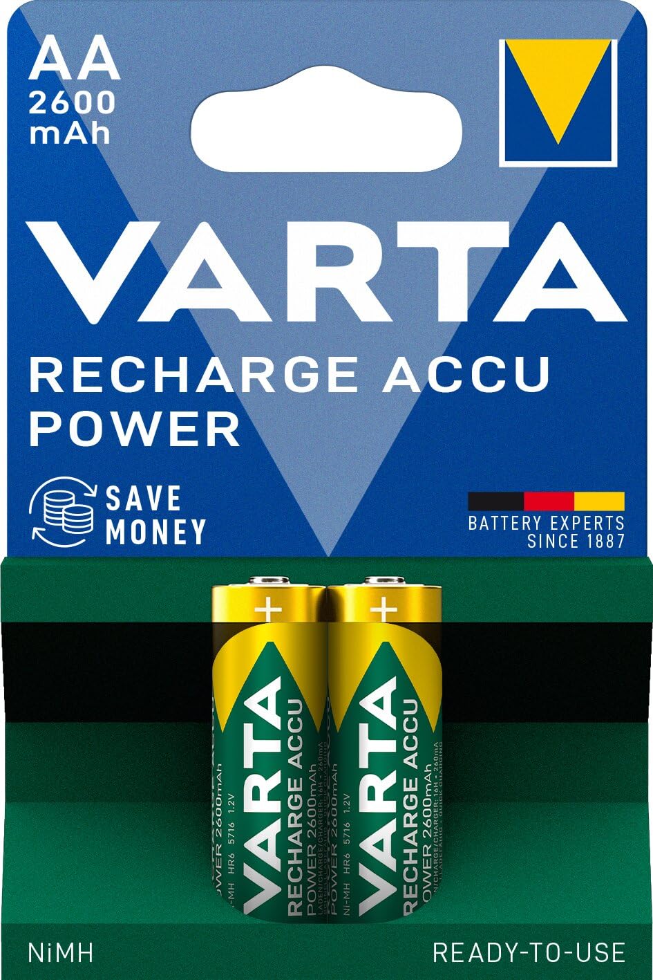 VARTA Pilas AA, recargables, paquete de 2, Recharge Accu Power, batería recargable, 2600 mAh Ni-​MH, sin efecto memoria, precargadas, listas para usar