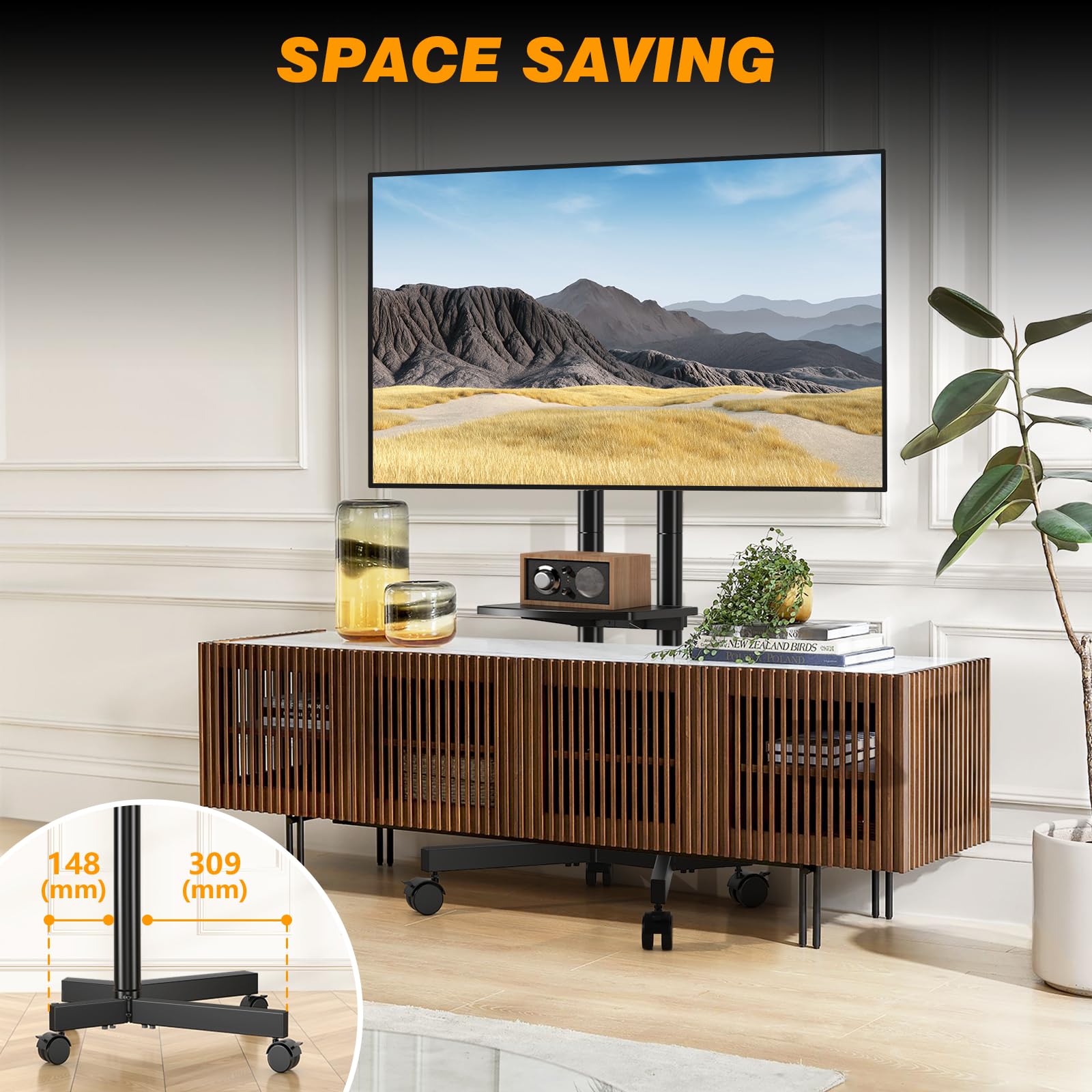 TVON Mobile Supporto TV da Pavimento Per Schermi Plasma/LCD/LED 32-70 Pollici, Regolabile in Altezza Carrello porta tv con Ruote Porta TV da Terra con Ripiano Fino a 40kg Max VESA 400x400mm