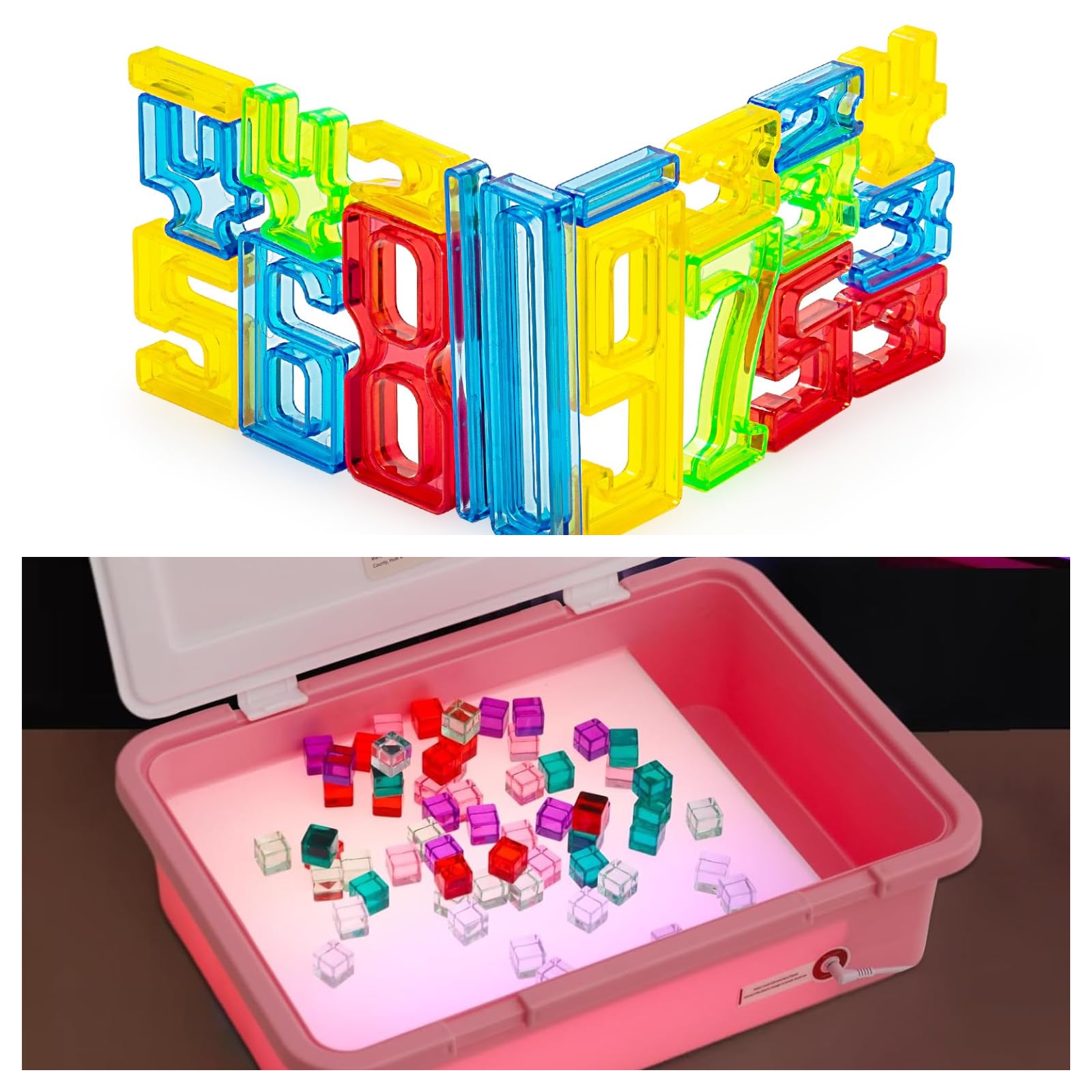 Light Table for Kids,Light Table Manipulatives Preschool,Transparent Light Table Toys | Light Table for Kids Sensory | 3 Light Modes 18"(Pink)+Translucent Number Light Table Toys 35 Pieces, 4 Colors