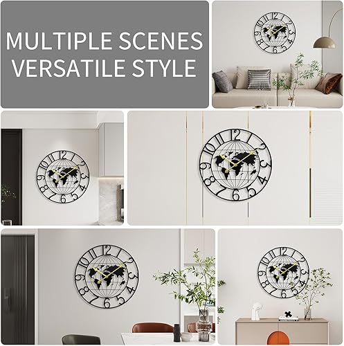 Miniatura 7 de Reloj de pared grande con mapa del mundo para sala de estar, reloj de pared decorativo de metal, grande, redondo, silencioso, sin tictac, funciona
