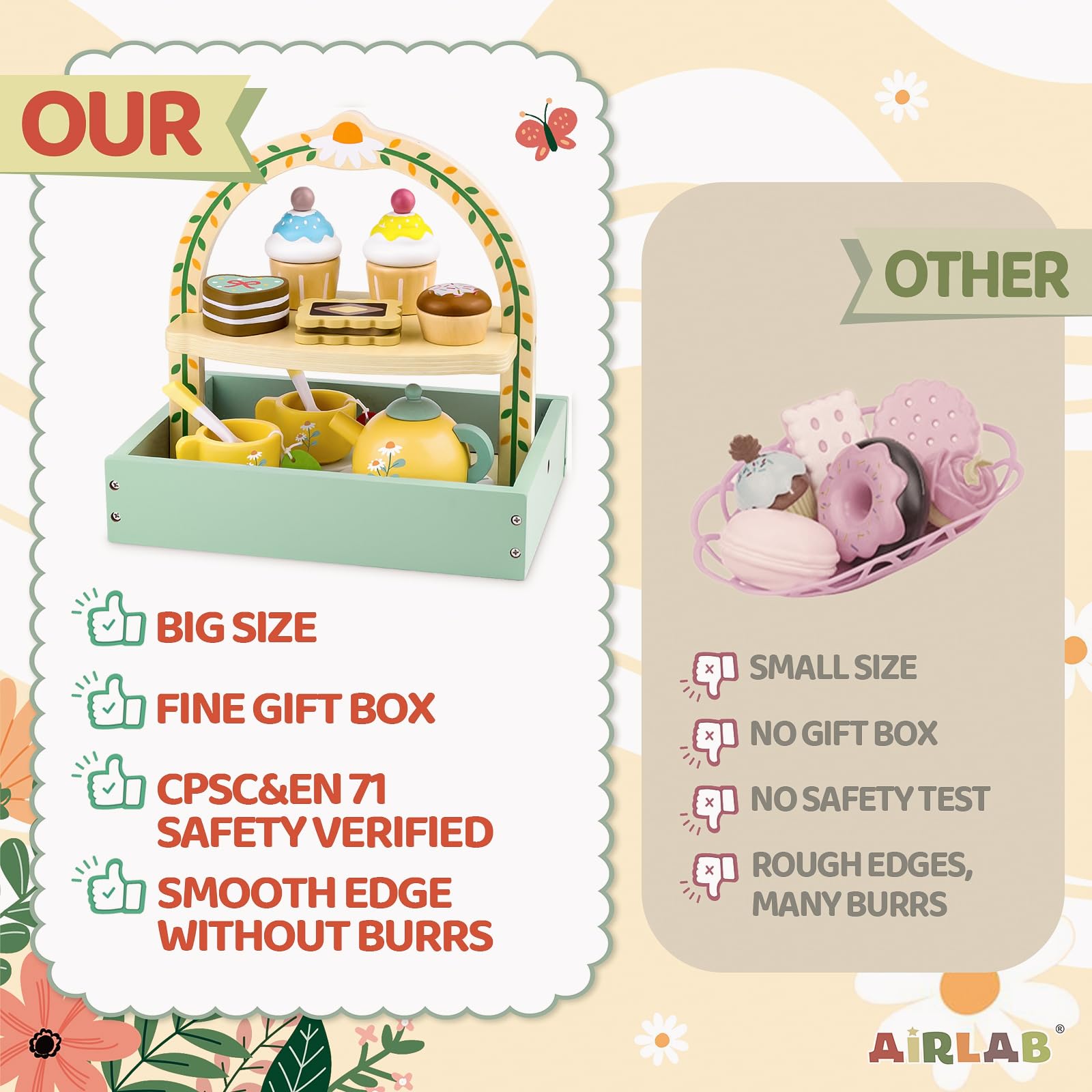 Airlab Set Tazzine Gioco per Servizio da Tè, Accessori Cucina Giocattolo in Legno per Bambini Bambina, Set Cibo Finto Giocattolo per Cucina Bambini, Regalo Bambino Compleanno Pasqua Halloween Natale