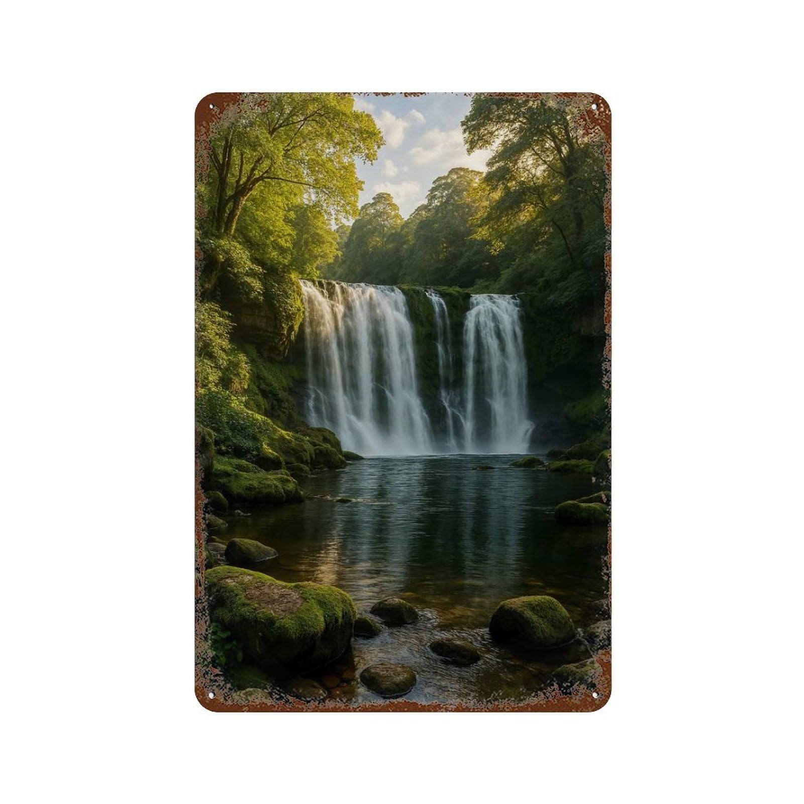 Lush Waterfall Landscape Aged Metal Wall Plaque 11.8"x7.9", for Office, Studio And Wall Decor, Novelty Wall Decor