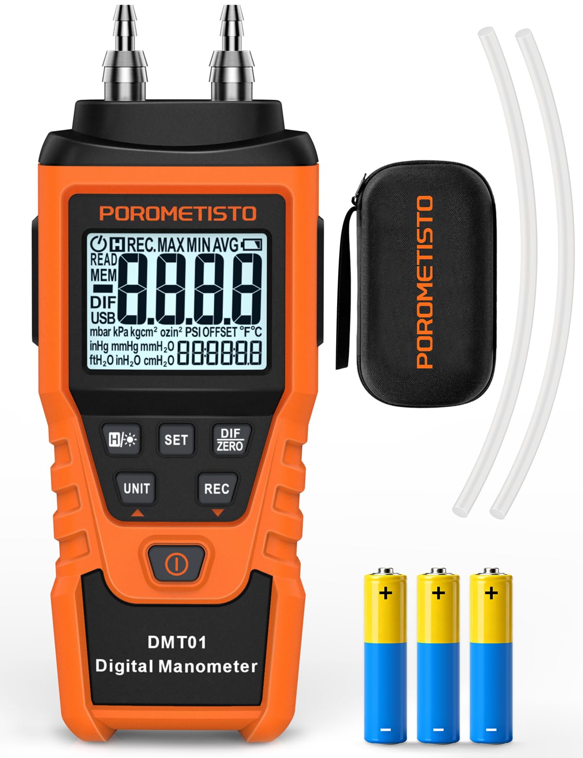 DMT01 Digital Manometer POROMETISTO, Manual Calibration Custom Zero, Real time Measurement, Max/Min/Avg Recording,HVAC Manometer, 12 Units Gas Pressure Tester, Differential Pressure Gauge