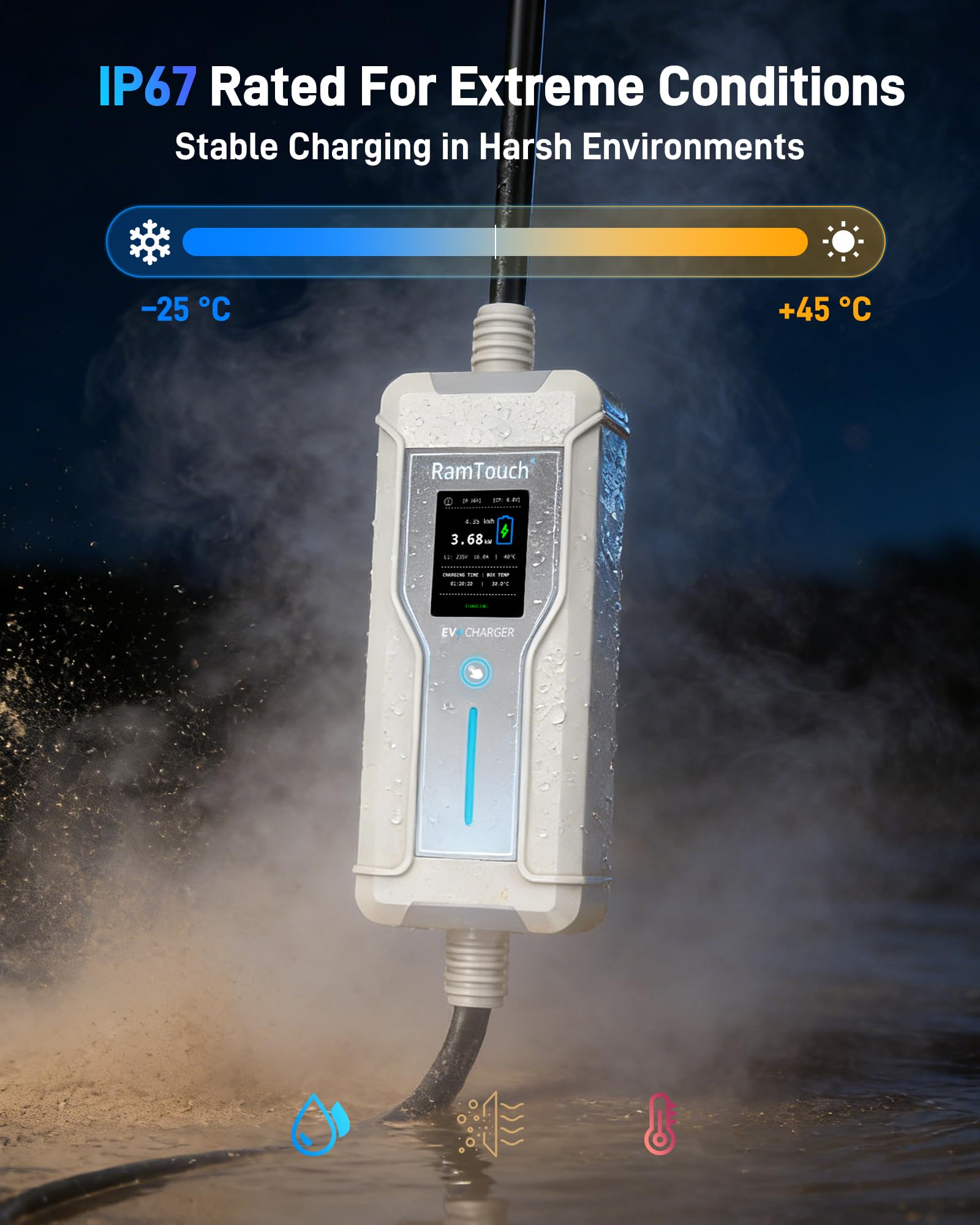 Caricatore Auto Elettrica (3,7 kW, 6 A - 16 A, 5 m, IP67) | Schuko a Tipo 2 | Cavo Ricarica Modo 2 con Display, Avvio Ritardato, Timer, RCD CA/CC, Wallbox Portatile per Veicoli EV e PHEV