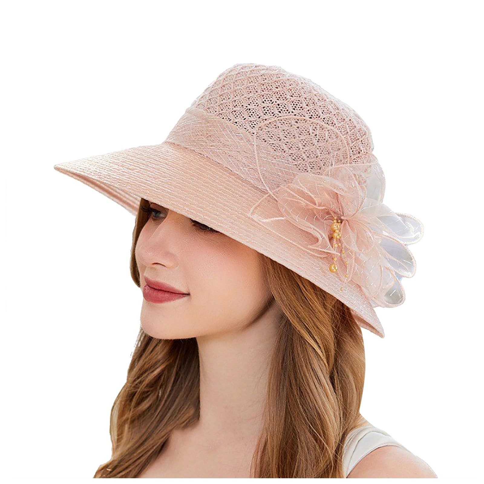 Chapeau Mariage, Chapeau Mariage Femme Chic Organza Blanc Cassé Capeline Large Bord Ornée de Plumes Chapeaus Soleil Cérémonie Élégant Anti-UV Pliable pour Cocktail Mère Mariée