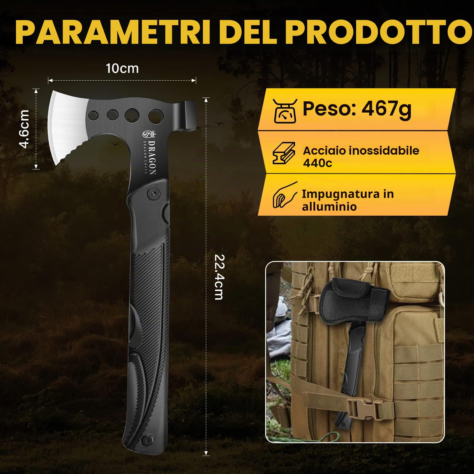DRAGON CREEK Ascia da campeggio, ascia piccola per la sopravvivenza all'aperto, manico in alluminio 15 in 1 strumento multifunzionale con coltello sega martello, mini strumento - regali per uomini