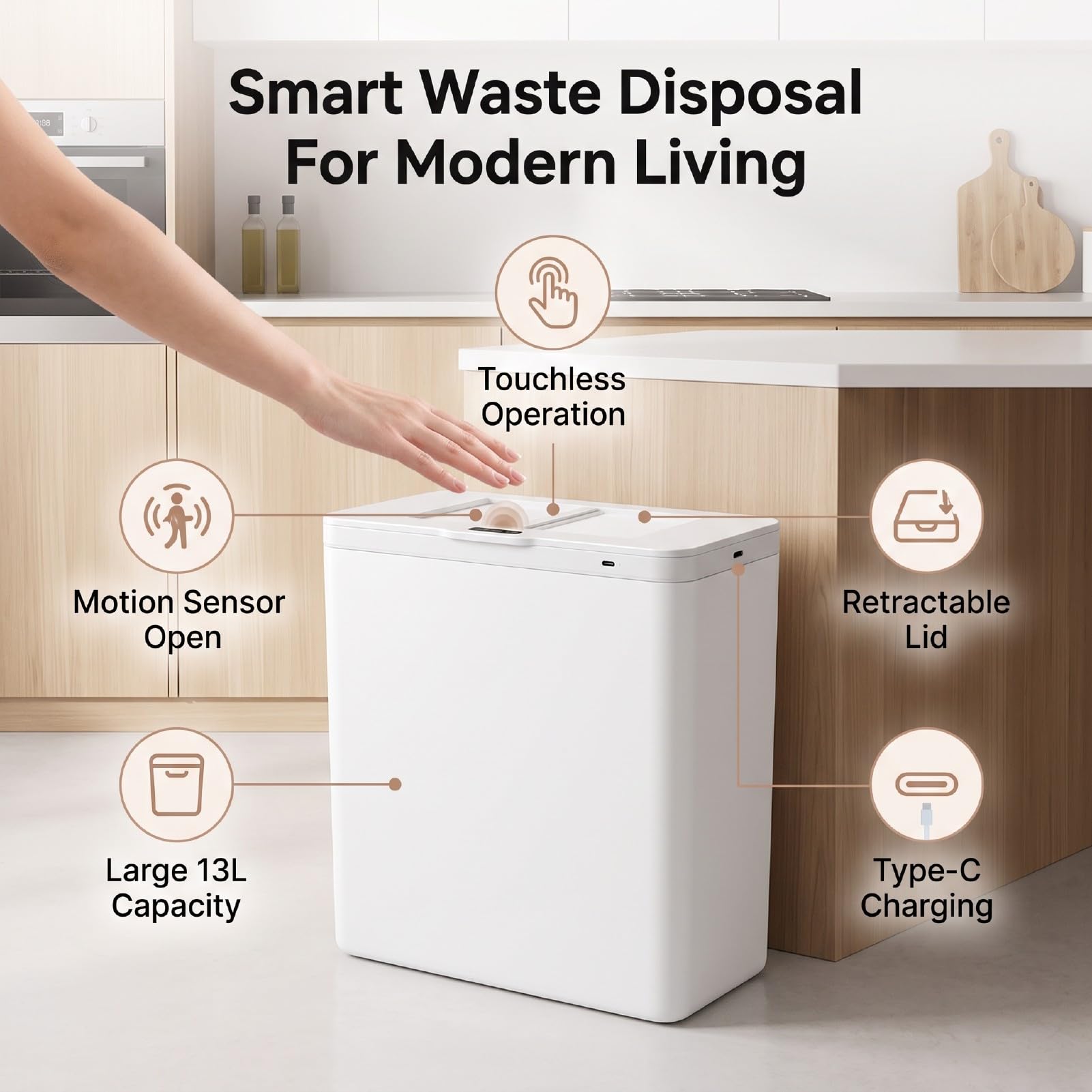 Asixxsix Bote de Basura Inteligente sin Contacto de 13 Litros, Sensor de Movimiento