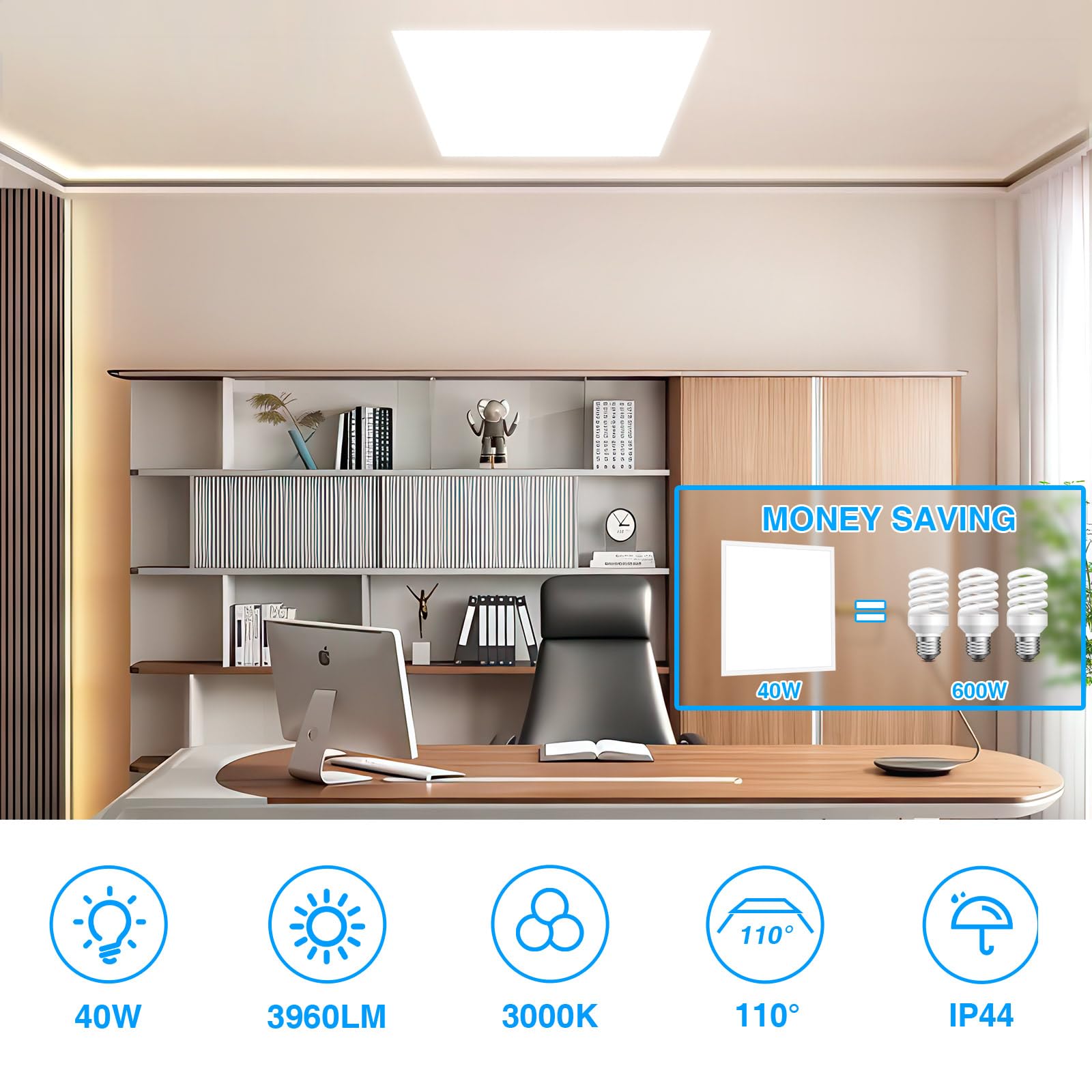 Panel LED 60 x 60, panel sufitowy LED, lampa rastrowa, 3000 K, neutralna biel, 3960 lumenów, nieoślepiający UGR≤23, żywotność 50 000+ godzin, IP44, idealny do pomieszczeń biurowych i