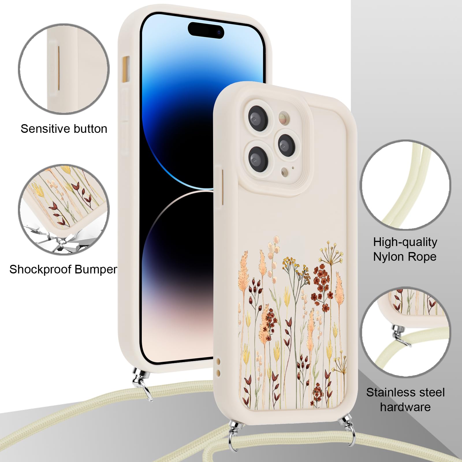 Łańcuszek do telefonu Etui na telefon dla iPhone 13 Pro 6,1" Etui z paskiem, Estetyczny wzór kwiatowy Sznurek do zawieszenia, Miękkie Silikon TPU Zderzak Odporne na wstrząsy Etui ochronne dla